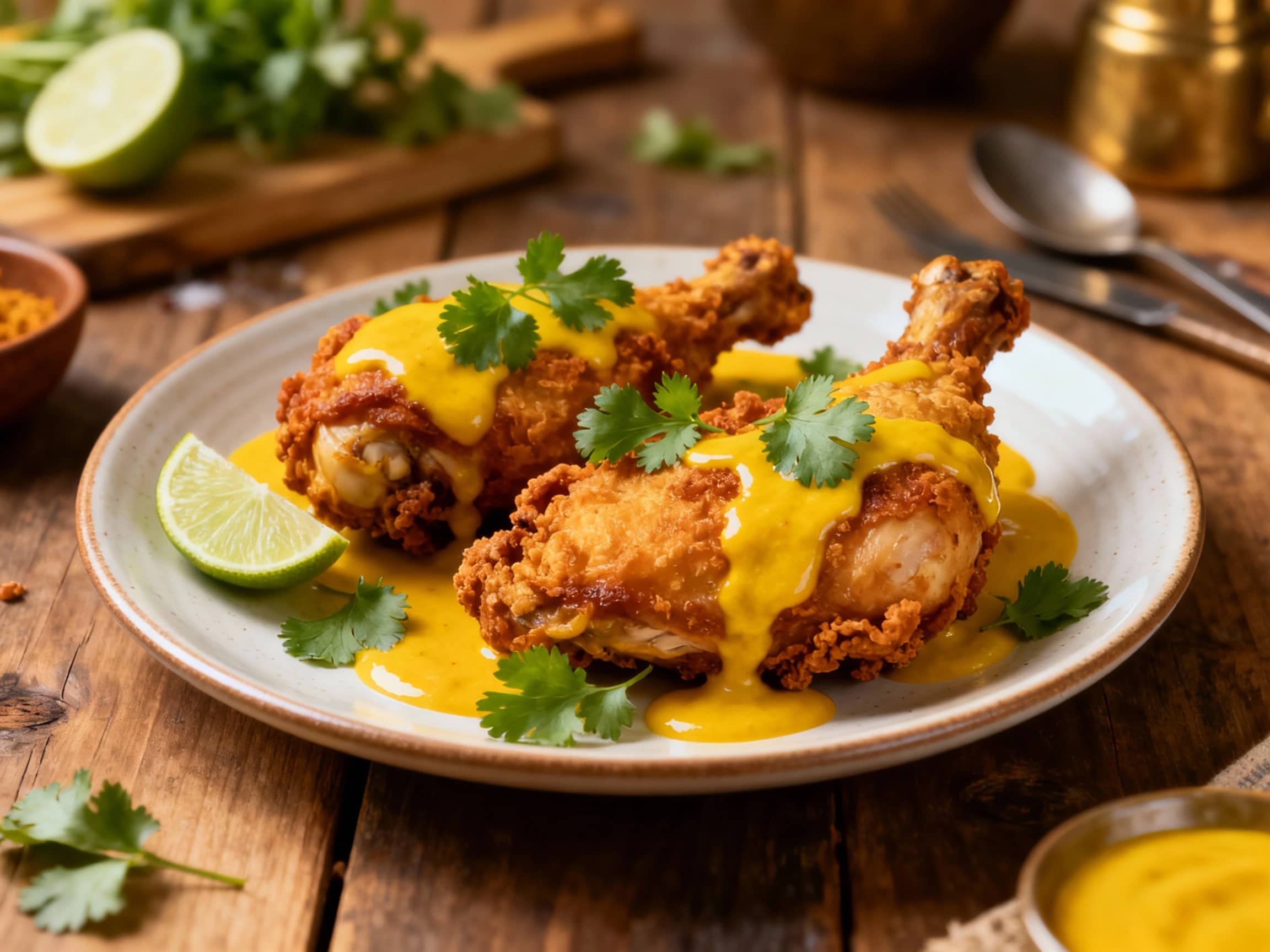 A vibrant and enticing platter of Peruvian Aji Amarillo Fried Chicken. The golden-brown pieces of fried chicken display a beautifully crispy texture and are garnished generously with bright green chopped cilantro and fresh lime wedges, adding a pop of color and freshness. The chicken has a distinct warm, yellow-orange hue from the aji amarillo, suggesting its unique spicy and fruity flavor. The di