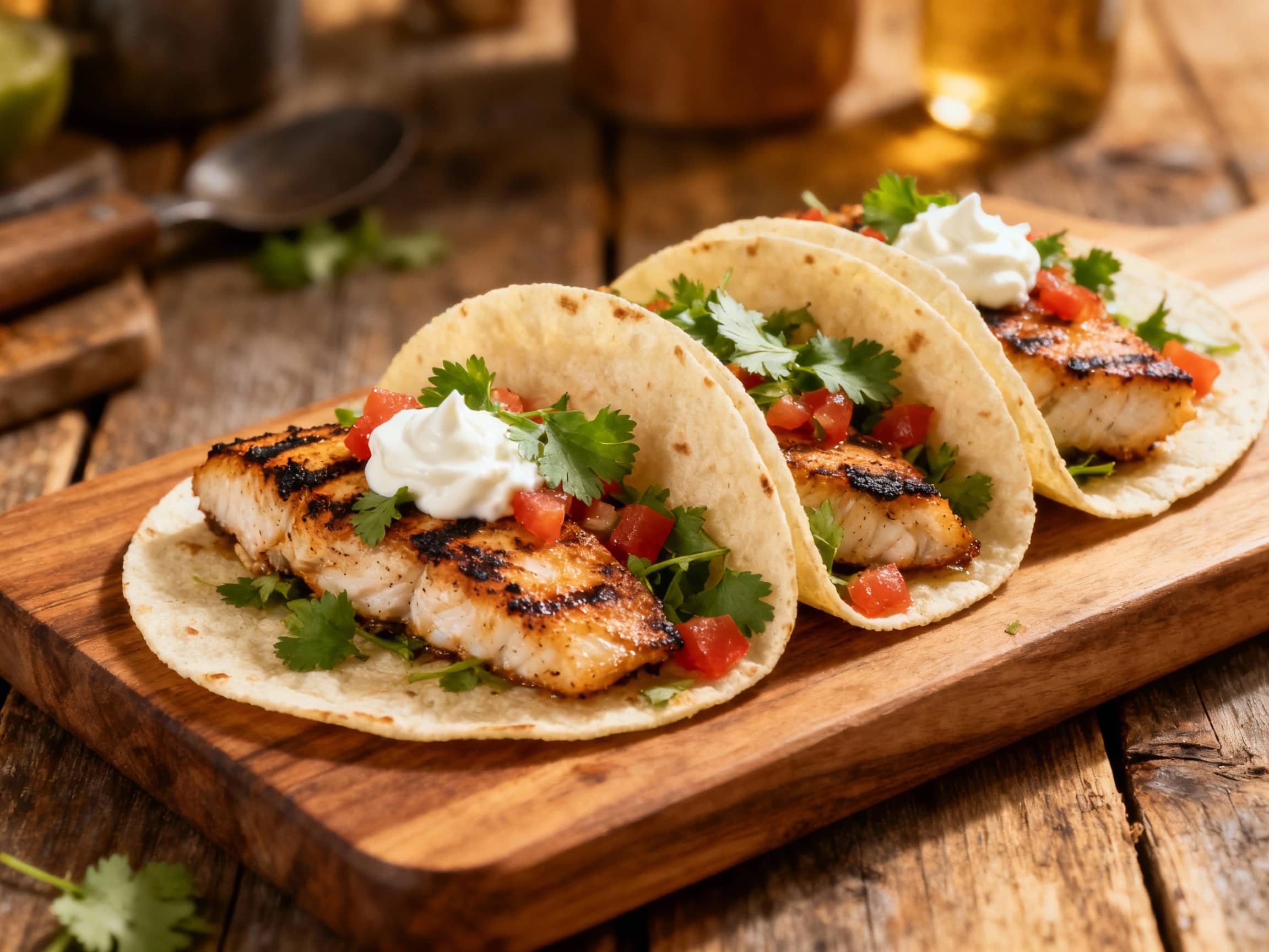 Vibrant red and white grilled fish tacos, topped with fresh cilantro and a creamy sauce, are arranged artfully on a rustic wooden board, ready to be enjoyed.