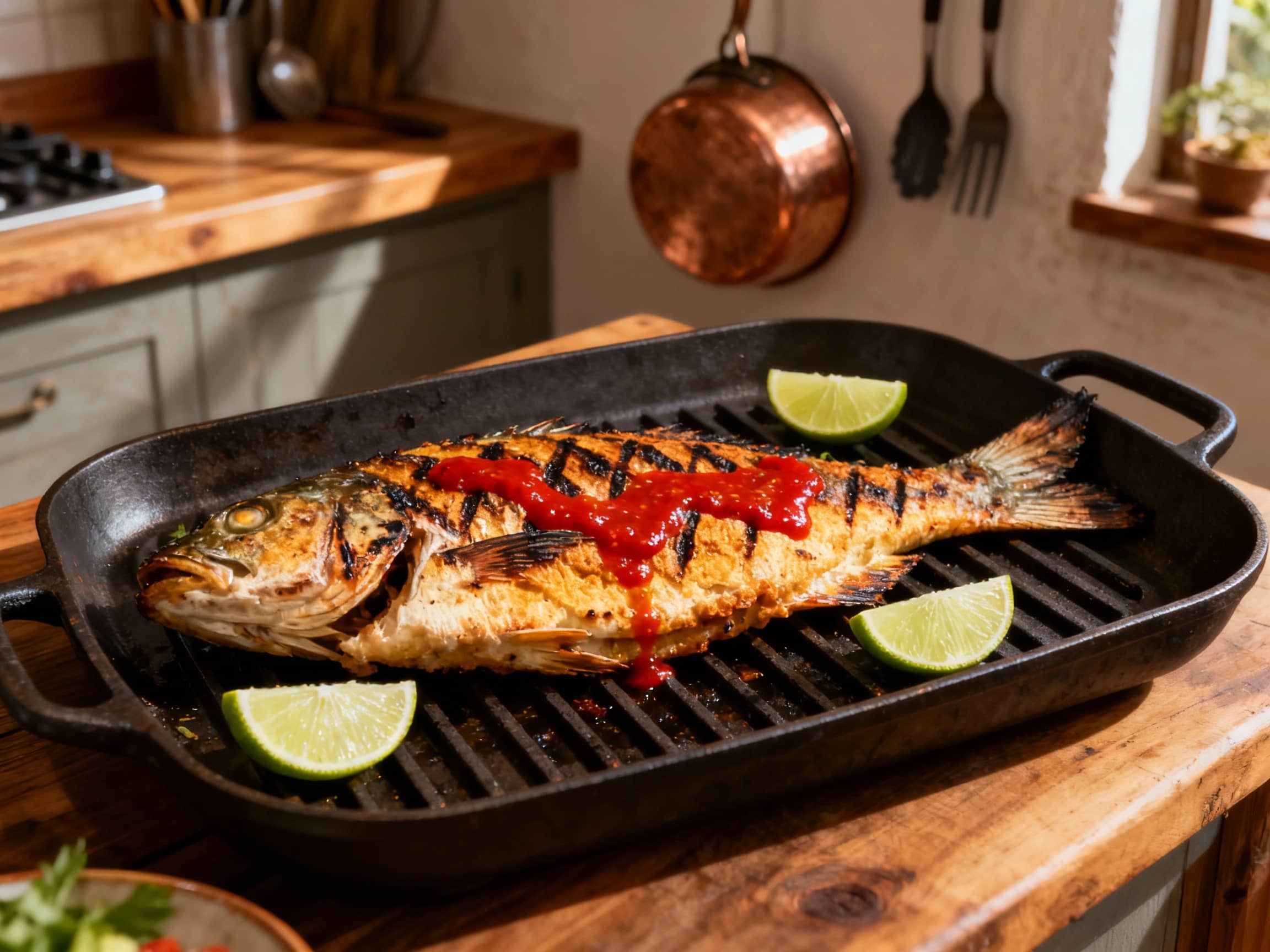 A beautifully grilled whole fish, its skin perfectly charred and glistening, rests on a grill pan, ready to be enjoyed with a side of fresh salsa verde.