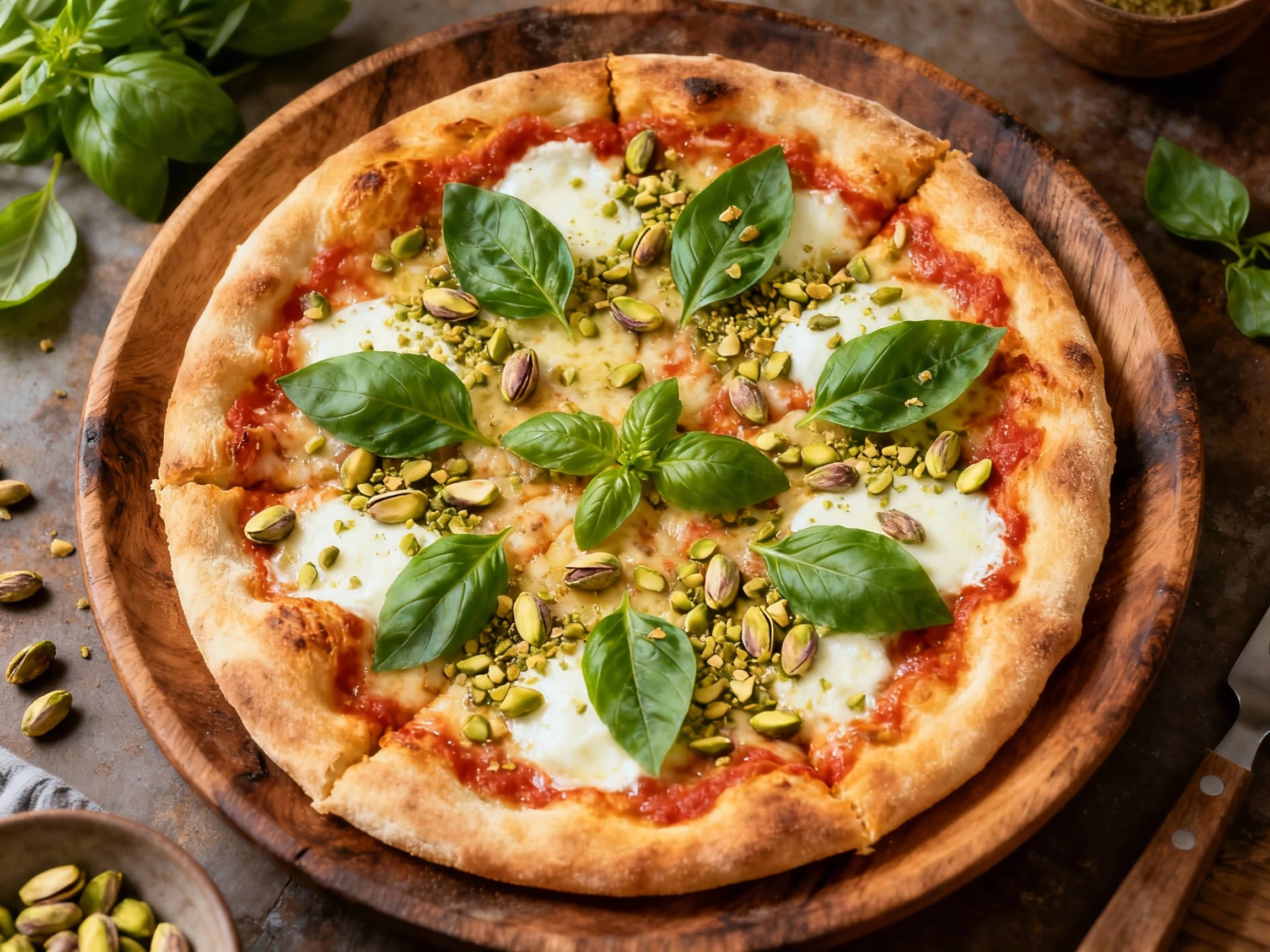 A close-up of a freshly made Pistachio and Basil Margherita Pizza, showcasing a golden-brown, slightly charred crust and bubbly, melted mozzarella. Vibrant green basil leaves and toasted pistachios are scattered over the rich red tomato sauce. The pizza sits on a wooden board, ready to be served, exuding a comforting and appetising feel.