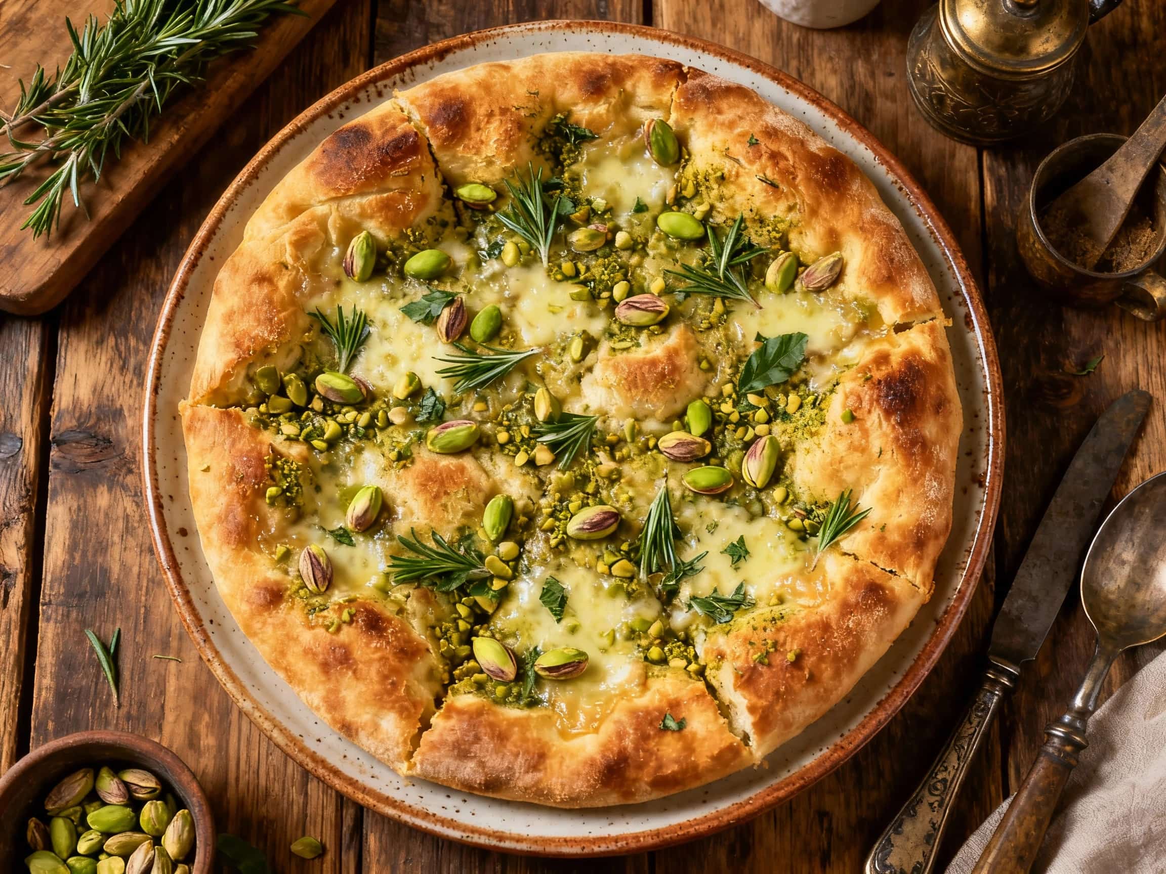 A rectangular Pistachio and Herb Sfincione Pizza, freshly baked and presented on a warm wooden board. The thick, focaccia-like crust is golden brown, topped with a rich red tomato and onion sauce, and generously adorned with vibrant green chopped pistachios, fresh parsley, and basil, creating a colorful and inviting appearance.