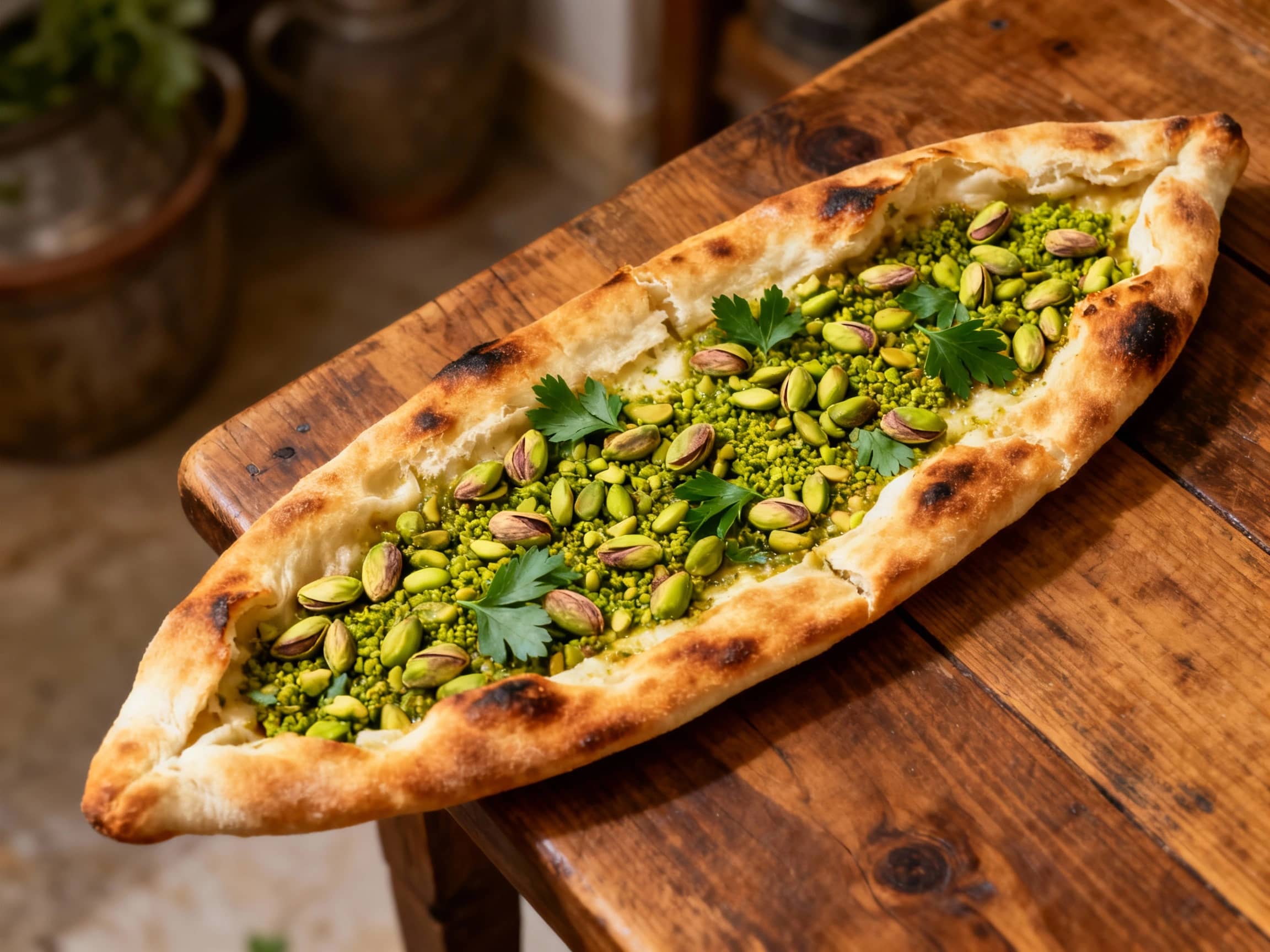 Puffy golden-brown Turkish pide, generously topped with vibrant green pistachios, fresh herbs, and a swirl of olive oil, sits on a rustic wooden board.