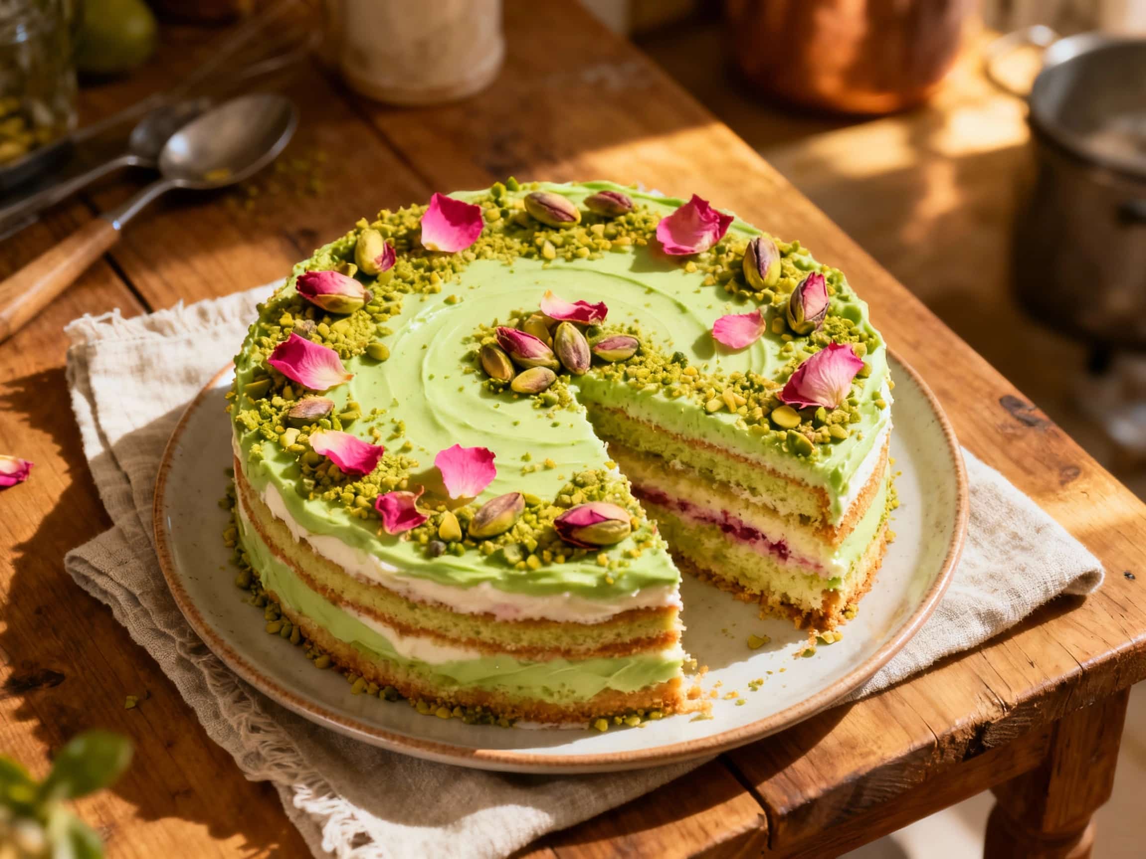 A golden-brown almond torta, dusted with powdered sugar and sprinkled generously with vibrant green chopped pistachios and delicate dried rose petals, sits elegantly on a white plate.