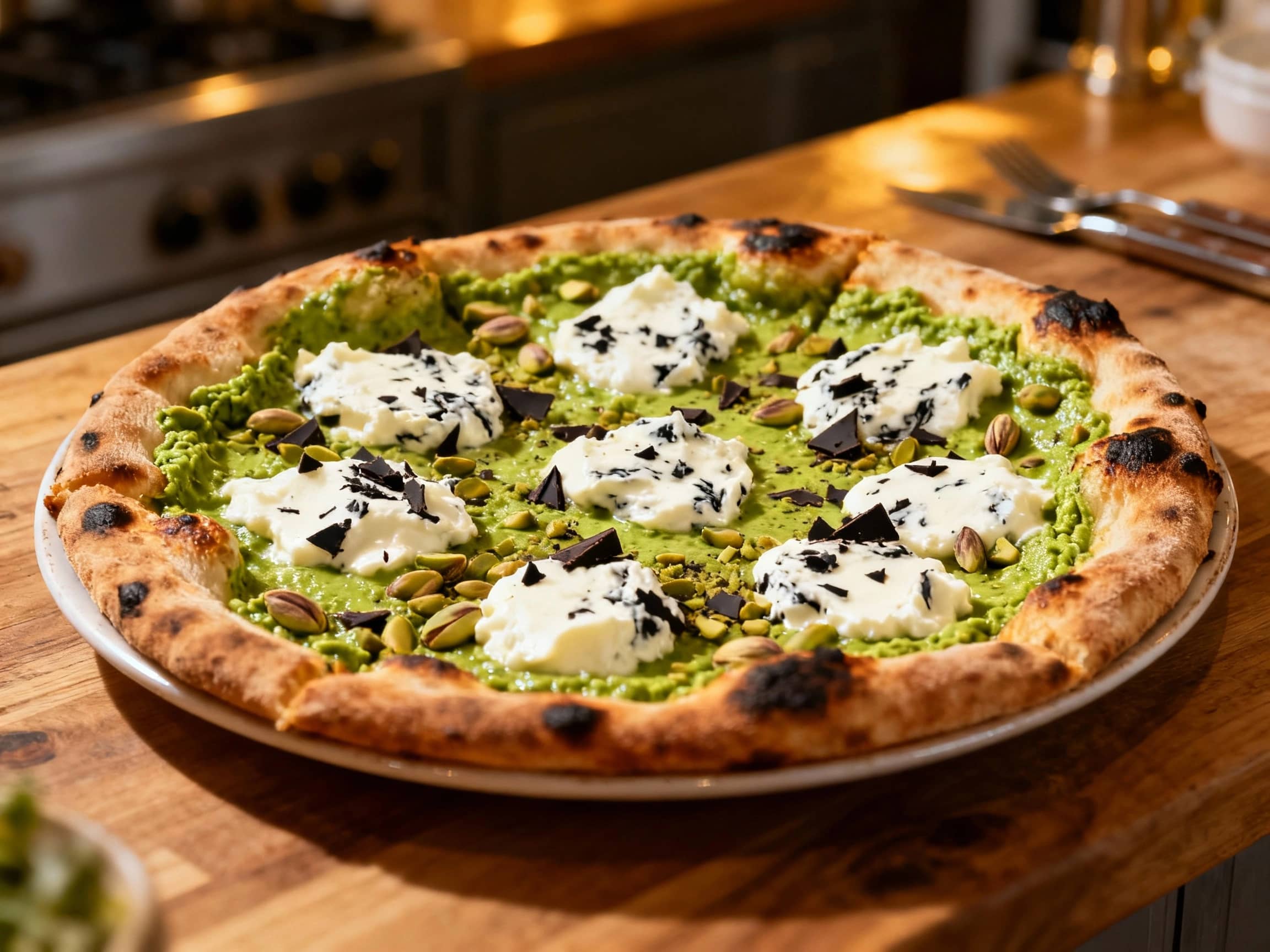A classic Neapolitan pizza is topped with creamy stracciatella cheese, crunchy pistachios, and fresh basil leaves, finished with a drizzle of olive oil.