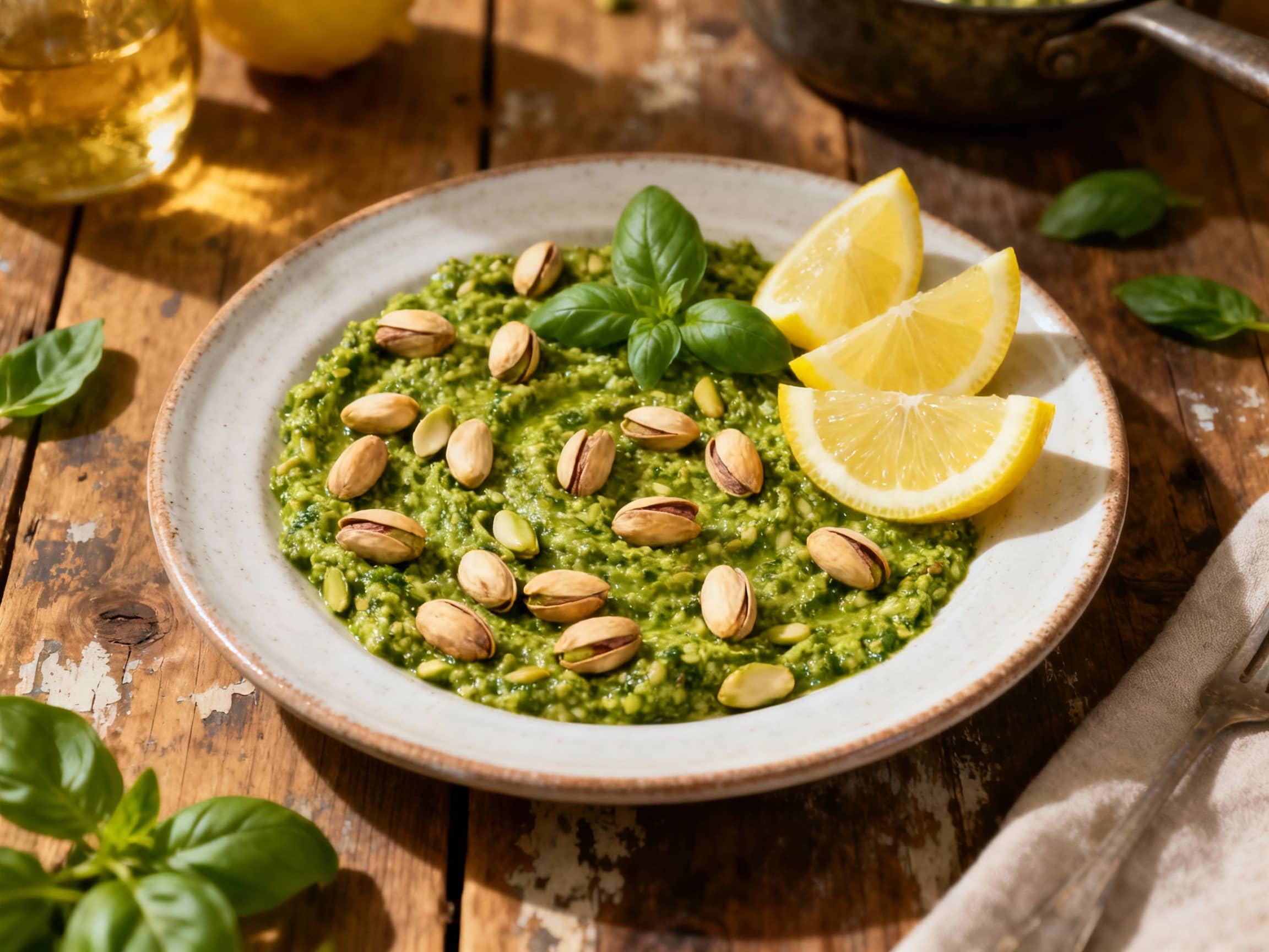 A vibrant green pesto made with basil and pistachios is swirled in a white bowl, topped with fresh basil leaves and a lemon wedge, catching the light beautifully.