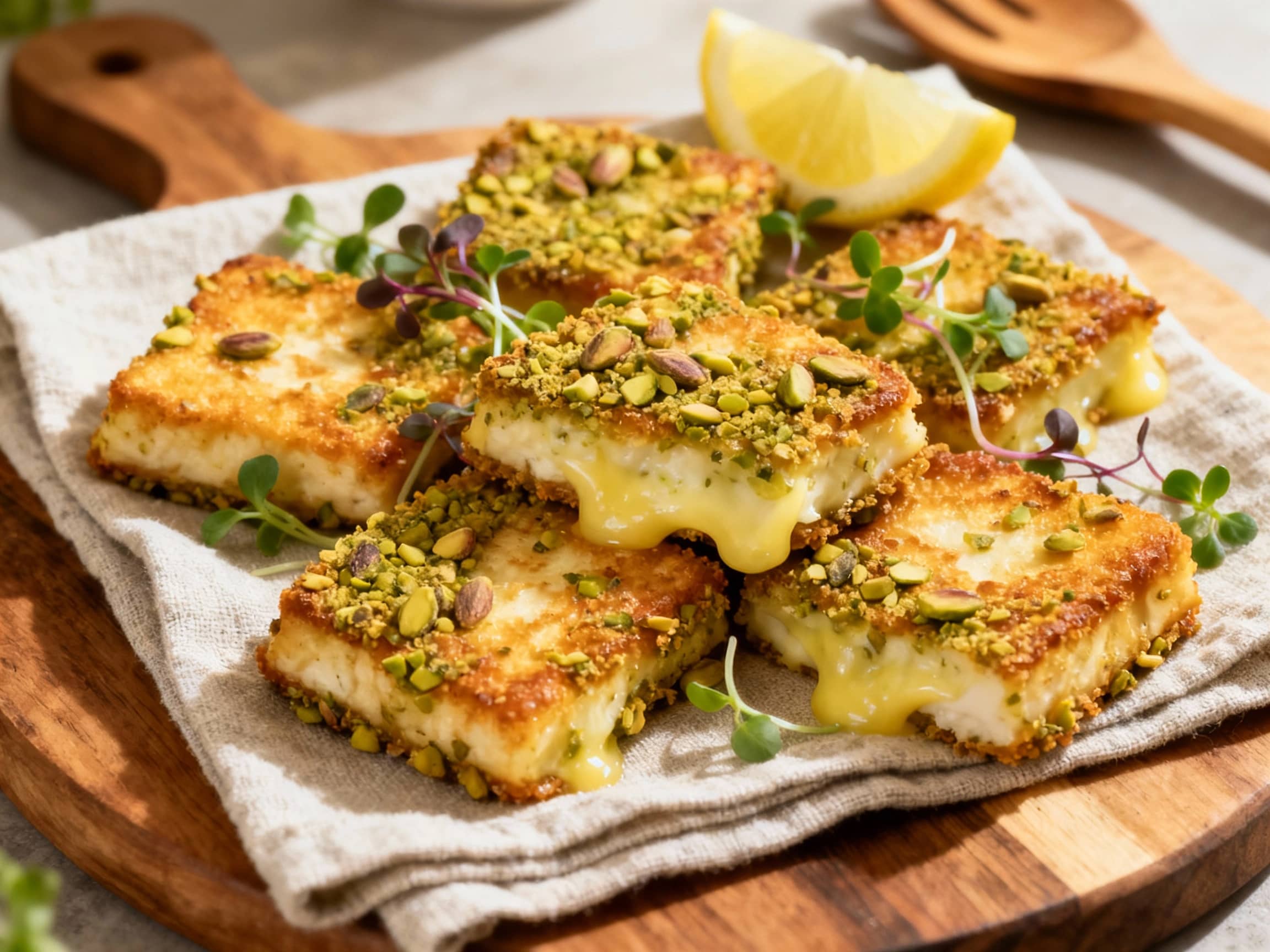 Golden-brown, crispy saganaki bites, generously coated in vibrant green pistachio crumbs, are artfully arranged on a rustic wooden board, ready to be enjoyed.