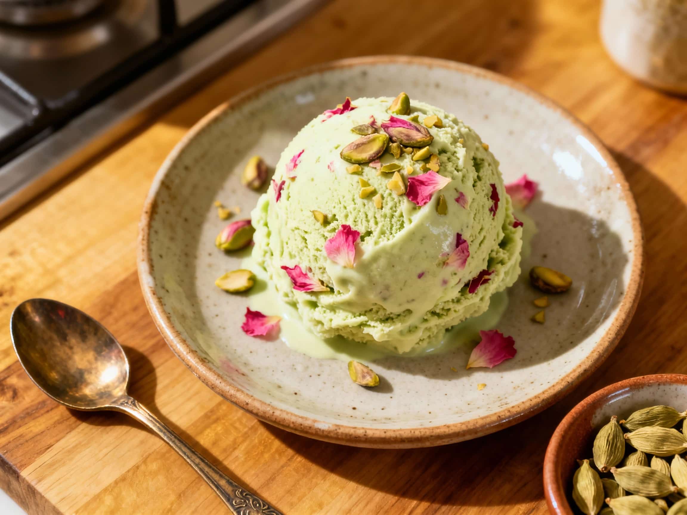 A scoop of beautifully pale green pistachio ice cream swirled with pink, topped with delicate rose petals and a dusting of cardamom sits in a clear glass bowl, bathed in soft natural light.
