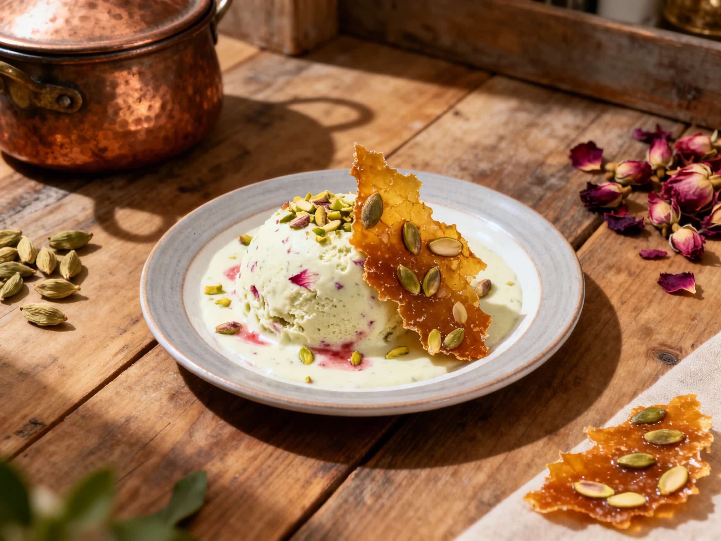 A luxurious slice of pistachio rose semifreddo, a frozen mousse-like dessert, elegantly plated on a white dish. The semifreddo is a soft pink hue, generously speckled with bright green crushed pistachios, and subtly perfumed with rose. It's adorned with a few delicate, dried edible rose petals and several golden, shiny shards of crunchy cardamom brittle, which adds a warm spice contrast. The prese