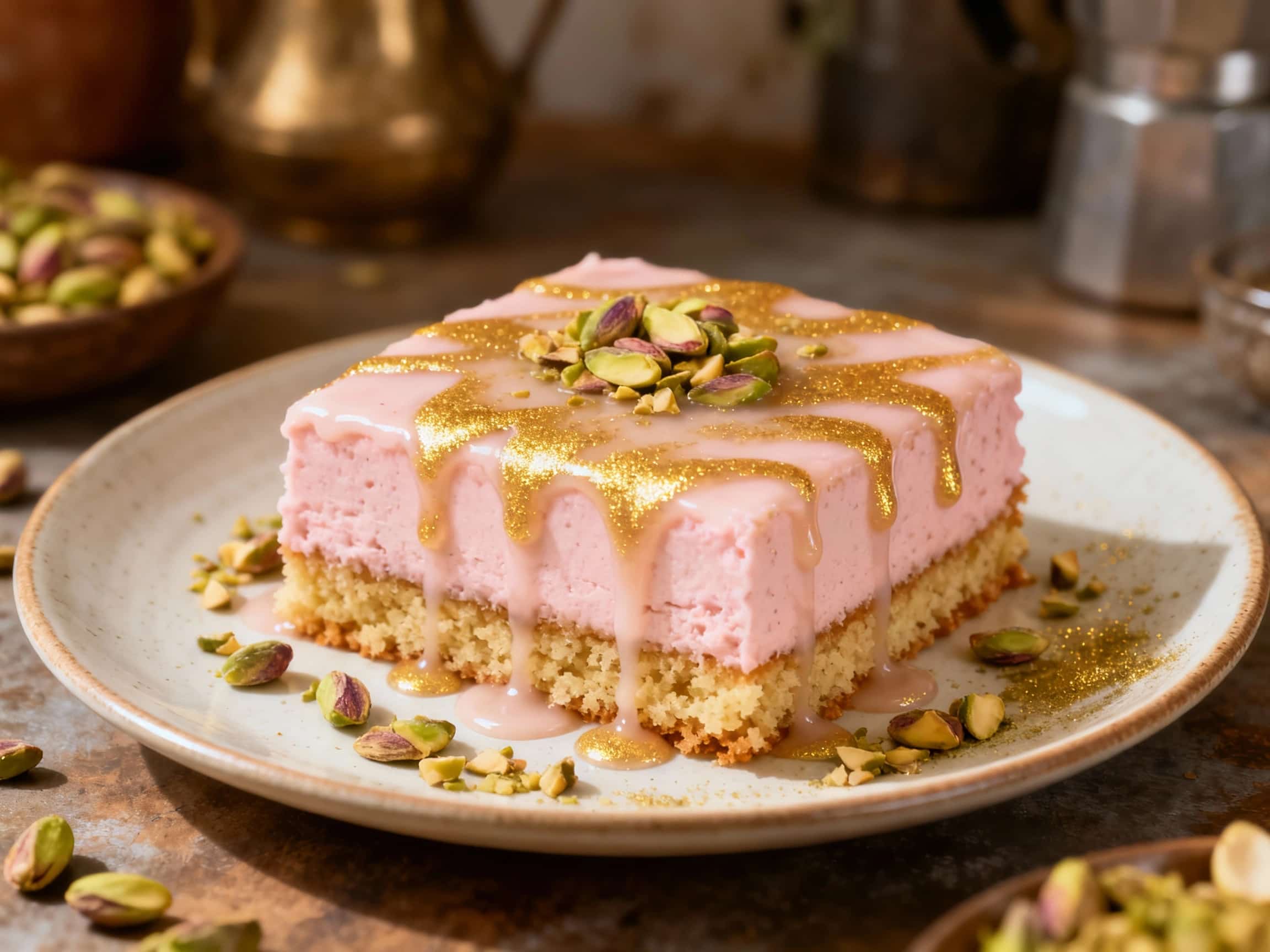 A delicate slice of pistachio cake, tinged with rose, rests on a white plate, generously drizzled with shimmering cardamom glaze and sprinkled with crushed pistachios.