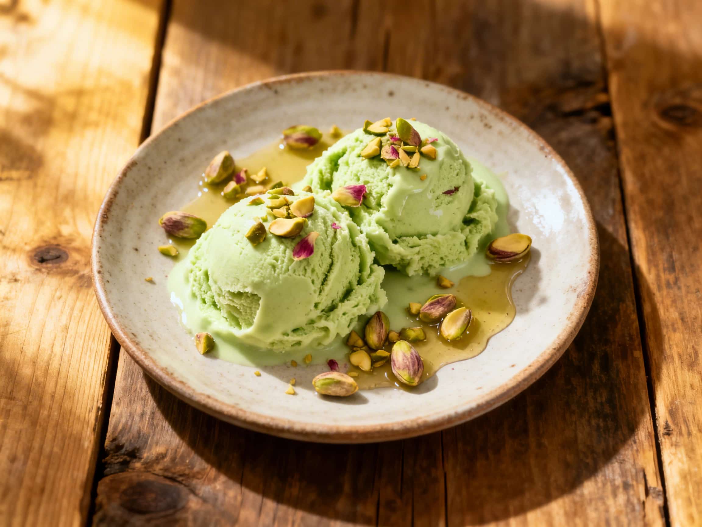 A luscious, pale green pistachio frozen yogurt, expertly scooped into a white ceramic bowl, is garnished with a generous sprinkle of bright green crushed pistachios and delicate pink edible rose petals. The creamy, smooth texture of the frozen yogurt is visible, suggesting a delightful indulgence. The light is soft and natural, enhancing the dessert's appeal and evoking a sense of refined pleasure