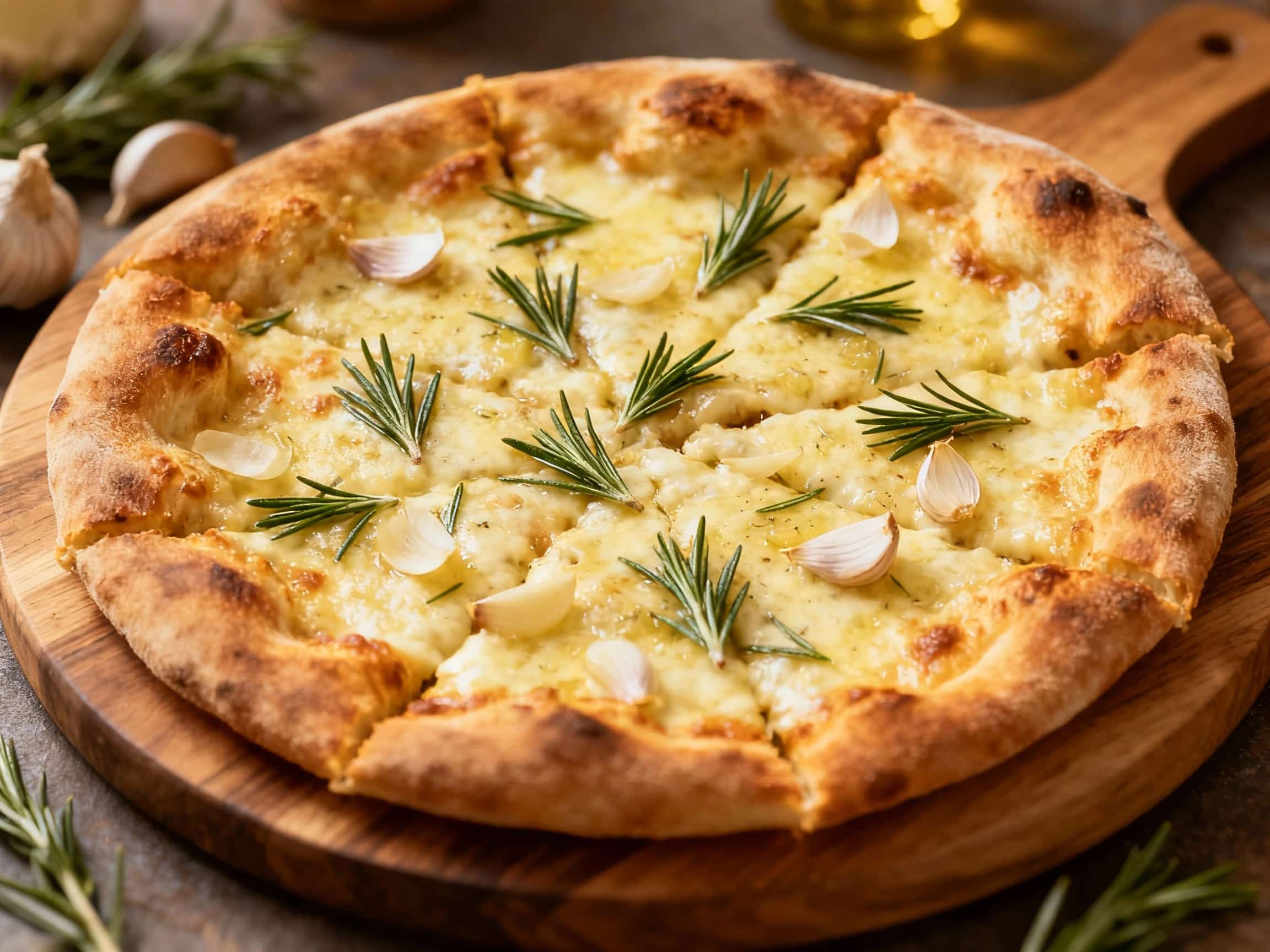 A rustic Pizza Napoletana Bianca, glistening with olive oil and topped generously with fresh rosemary sprigs and slivers of roasted garlic, sits on a wooden board, ready to be enjoyed.