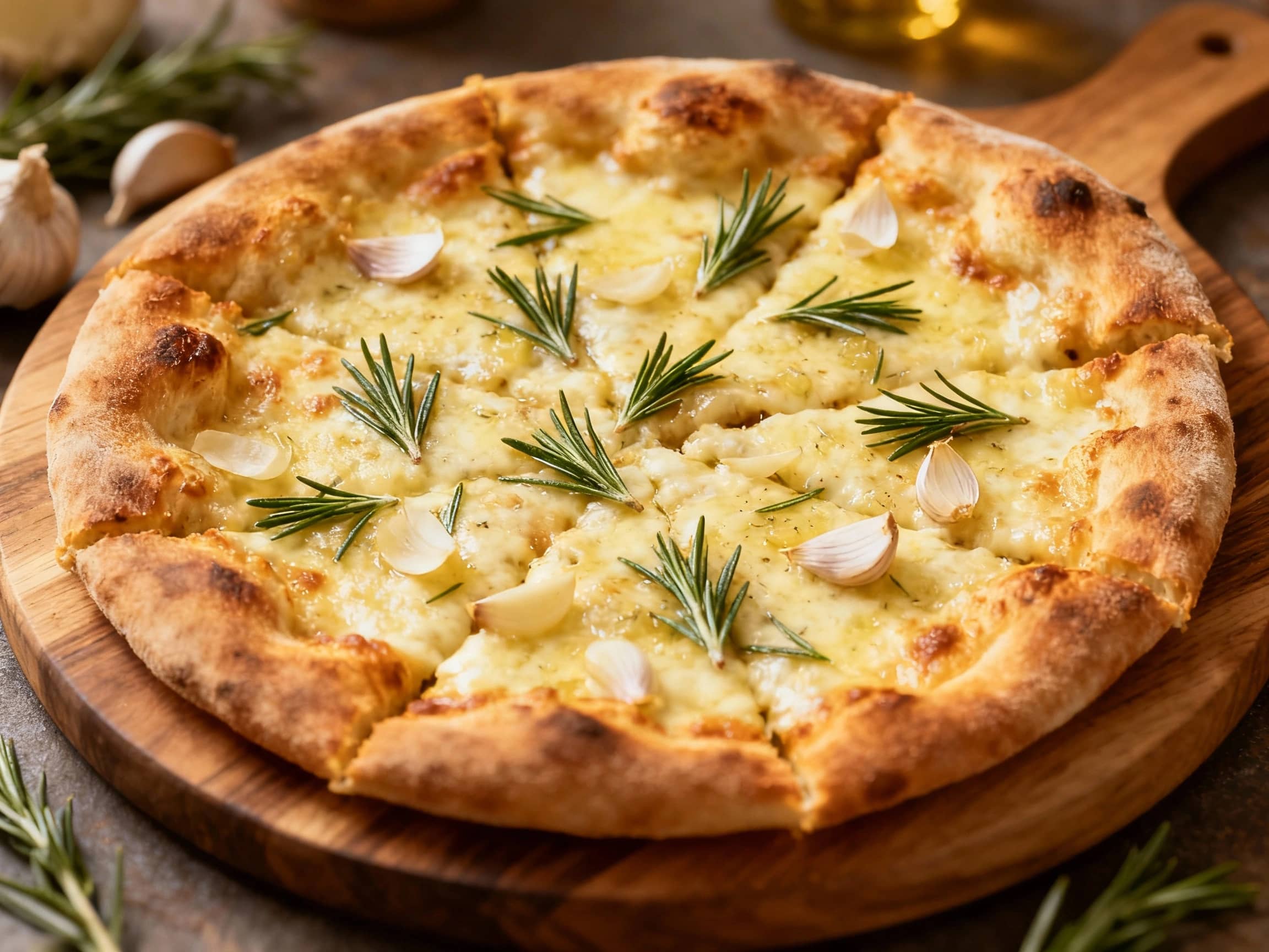 A rustic Pizza Napoletana Bianca, glistening with olive oil and topped generously with fresh rosemary sprigs and slivers of roasted garlic, sits on a wooden board, ready to be enjoyed.