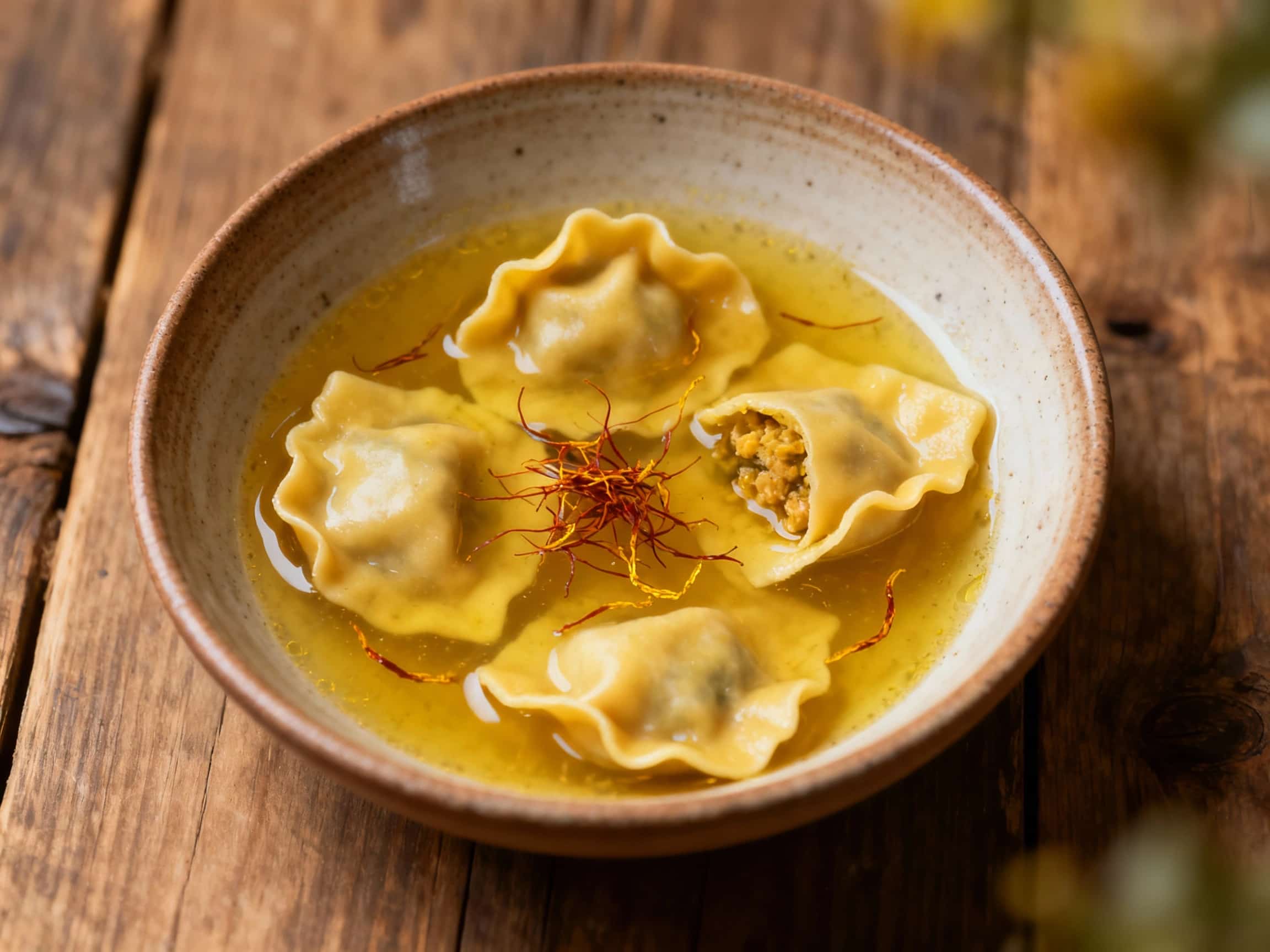 Golden saffron broth cradles delicate, plump agnolotti, glistening and perfectly al dente, garnished with fresh herbs for a vibrant finish.