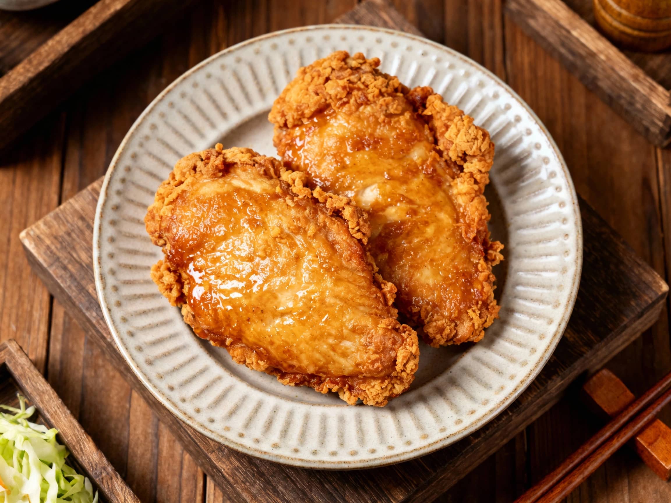 Golden-brown, plump, and crispy fried chicken breasts are glistening and arranged invitingly on a rustic wooden board, ready to be enjoyed.