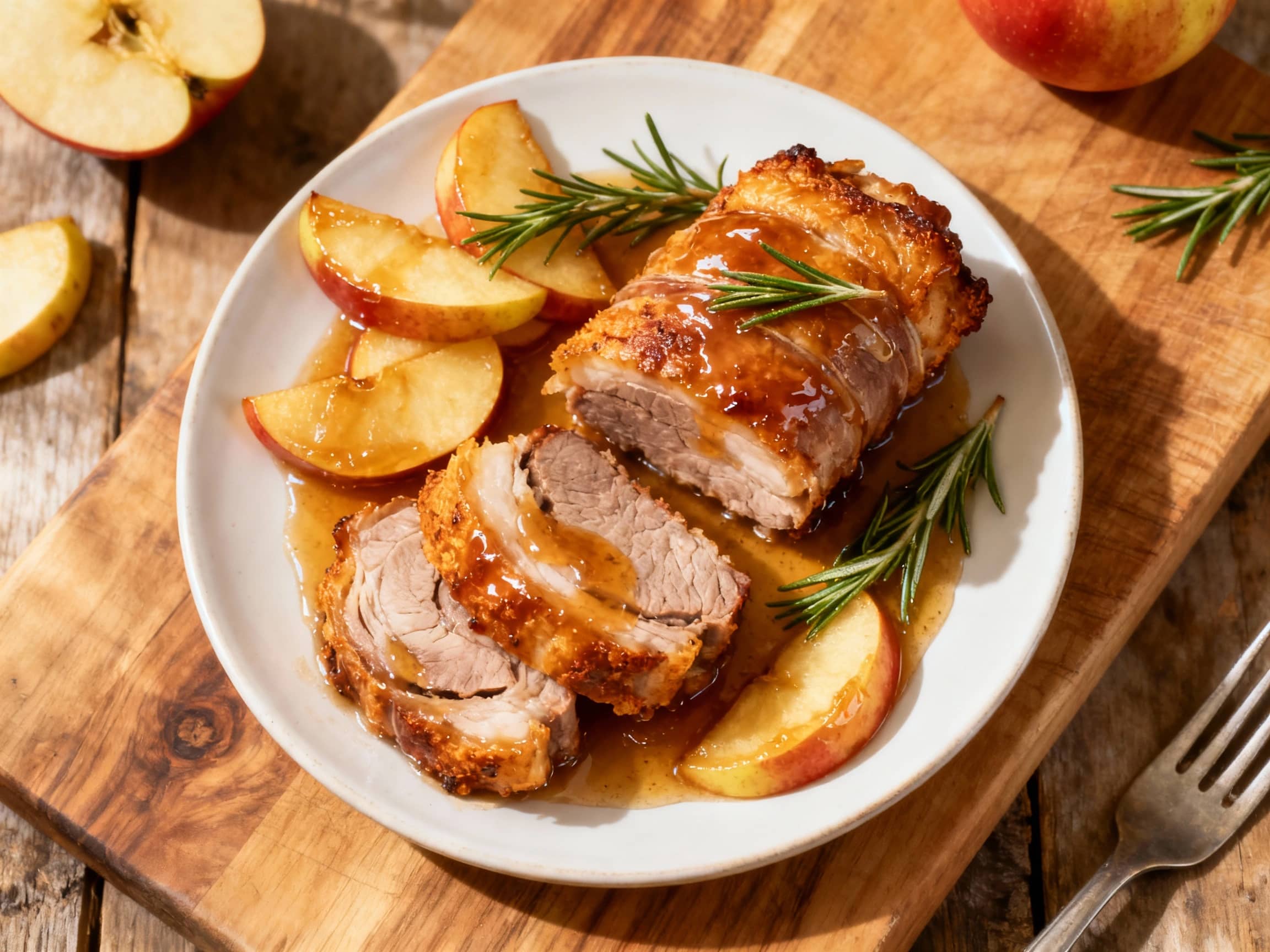 A perfectly cooked rouladen, with crispy pork belly rolled and tied, sits glazed in a shimmering apple cider sauce garnished with fresh thyme sprigs and served on a rustic wooden board.