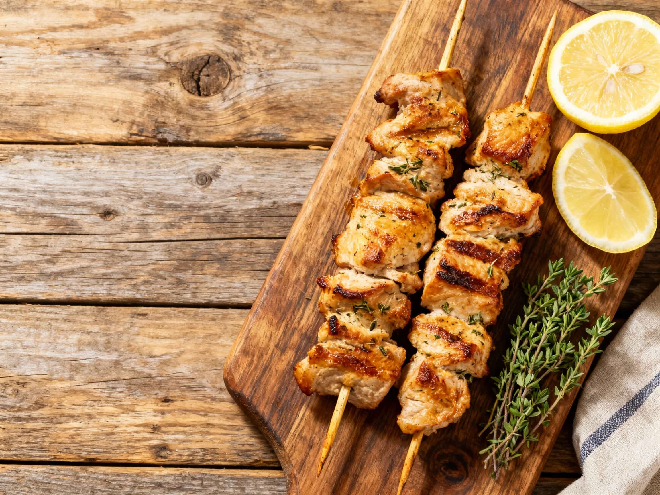 Golden-brown pork gyros skewers topped with fresh oregano and lemon slices, glistening under warm lighting, are ready to be served for a delicious Mediterranean meal.