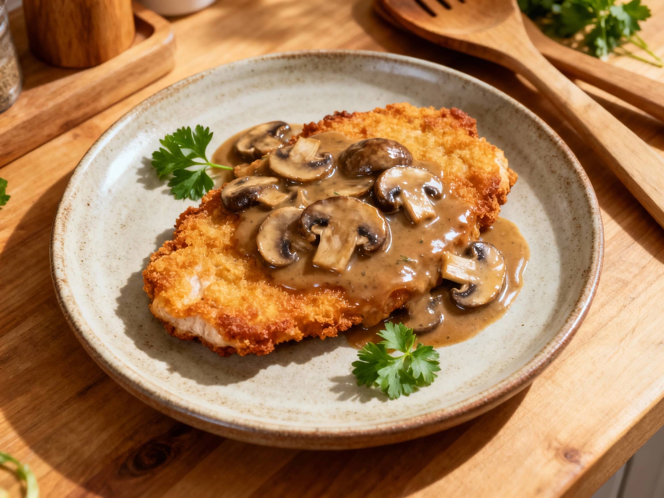 Crispy, golden-brown pork schnitzel is generously coated in mushroom gravy, served with a side of fluffy mashed potatoes dusted with fresh parsley.