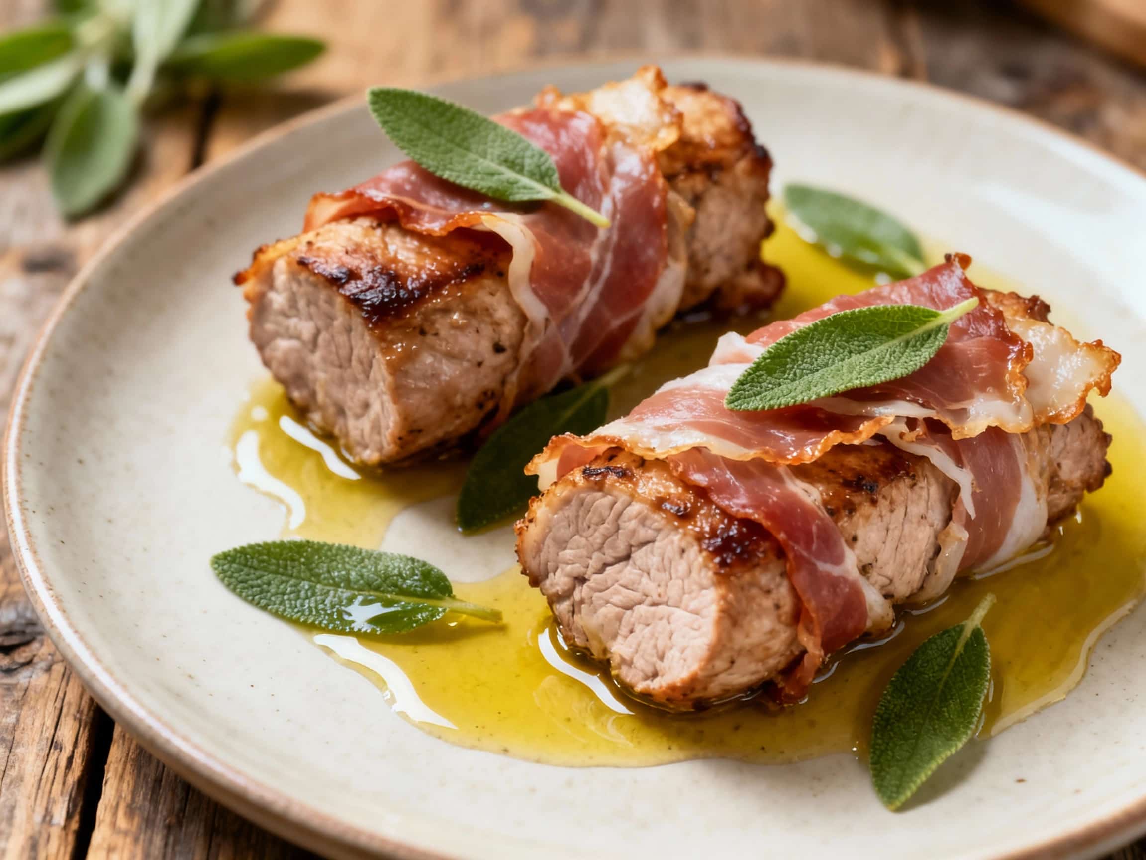 Golden-brown pork tenderloin rolls, layered with prosciutto and sage, are lightly seared and served glistening in a shallow pool of pan sauce, ready for a delicious meal.