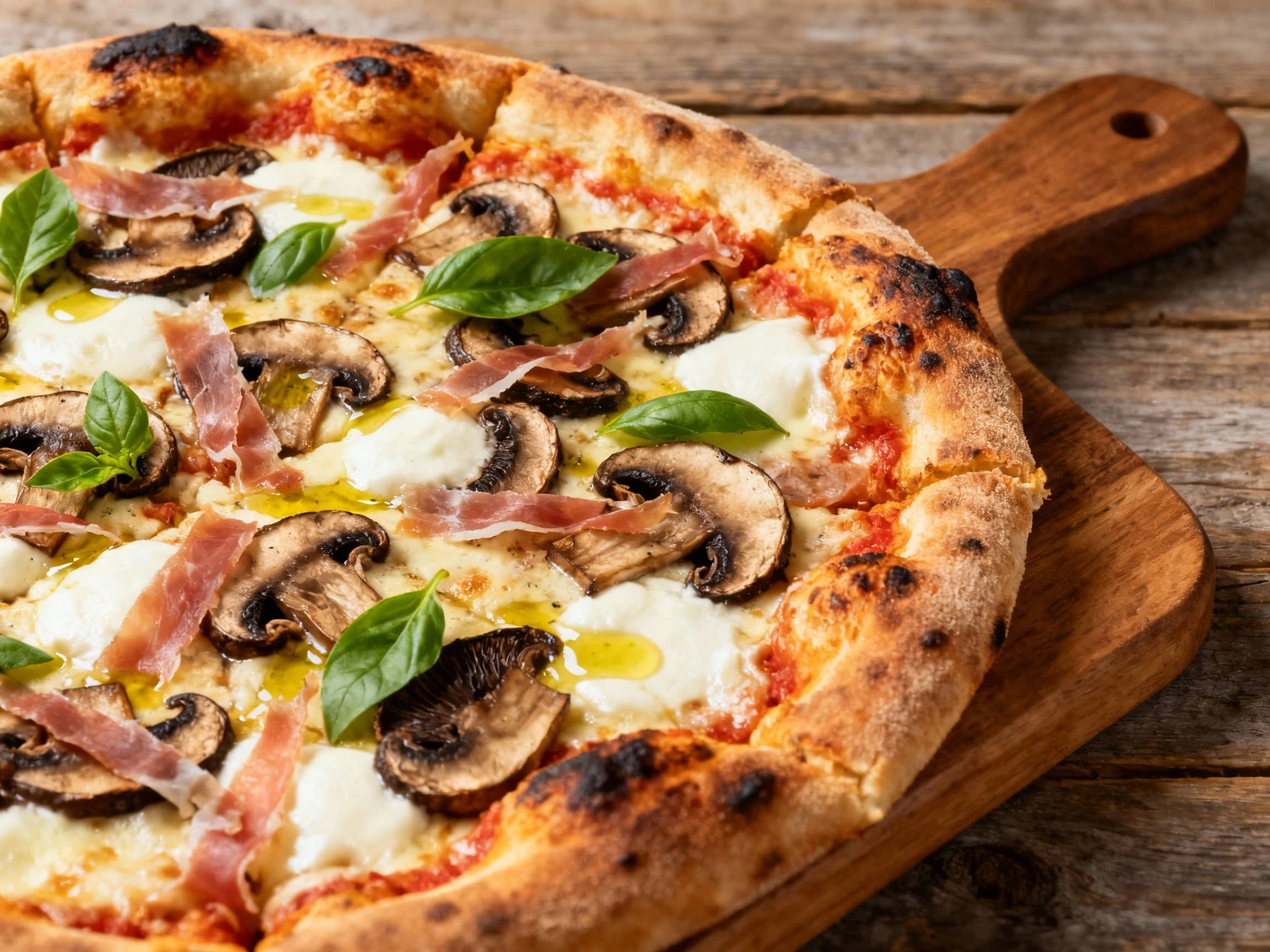 A rustic, New York-style pizza featuring a golden, slightly charred crust topped with earthy portobello mushrooms, salty prosciutto, and melted mozzarella, ready to be devoured.