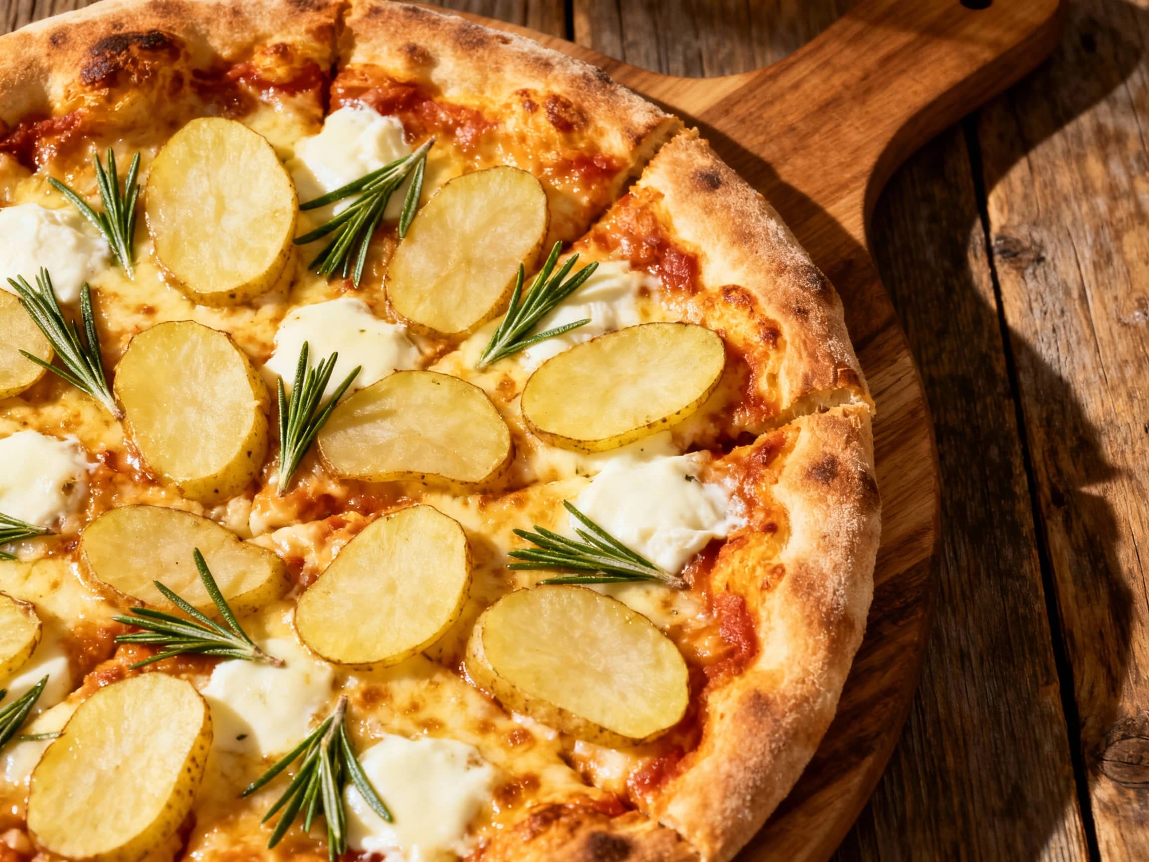 A rustic Potato and Rosemary Margherita Pizza, freshly out of the oven, displayed on a wooden cutting board. The pizza features a perfectly baked, golden crust holding a vibrant red tomato sauce base, topped generously with tender, thinly sliced potatoes, melted fresh mozzarella, and fragrant green rosemary leaves. A delicate sprinkling of Parmesan cheese adds a finishing touch. The image captures