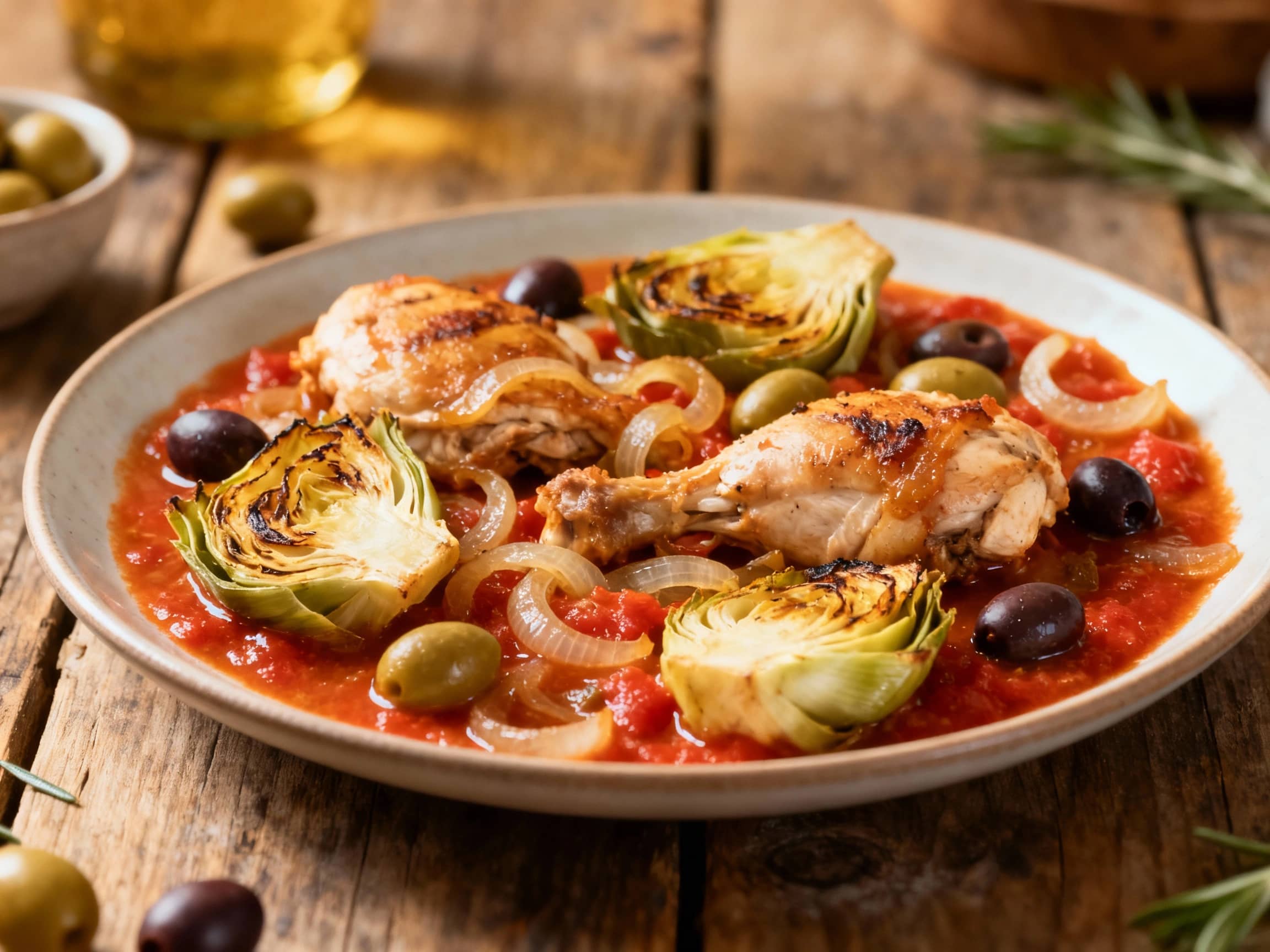 A vibrant Poulet Basquaise, featuring tender chicken and bell peppers simmered in a rich tomato sauce, is artfully plated with tender artichoke hearts and briny olives, creating a visually appealing and flavorful dish.