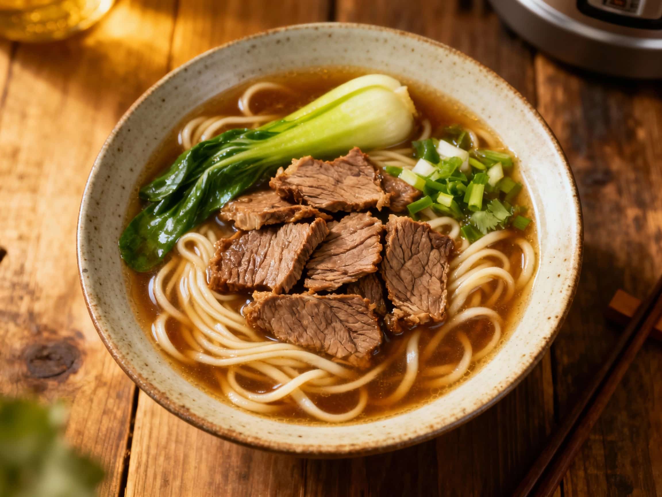 Tender braised beef chunks swim in a rich, dark broth alongside thick noodles and vibrant green scallions, artfully piled in a rustic ceramic bowl, ready to be savored.