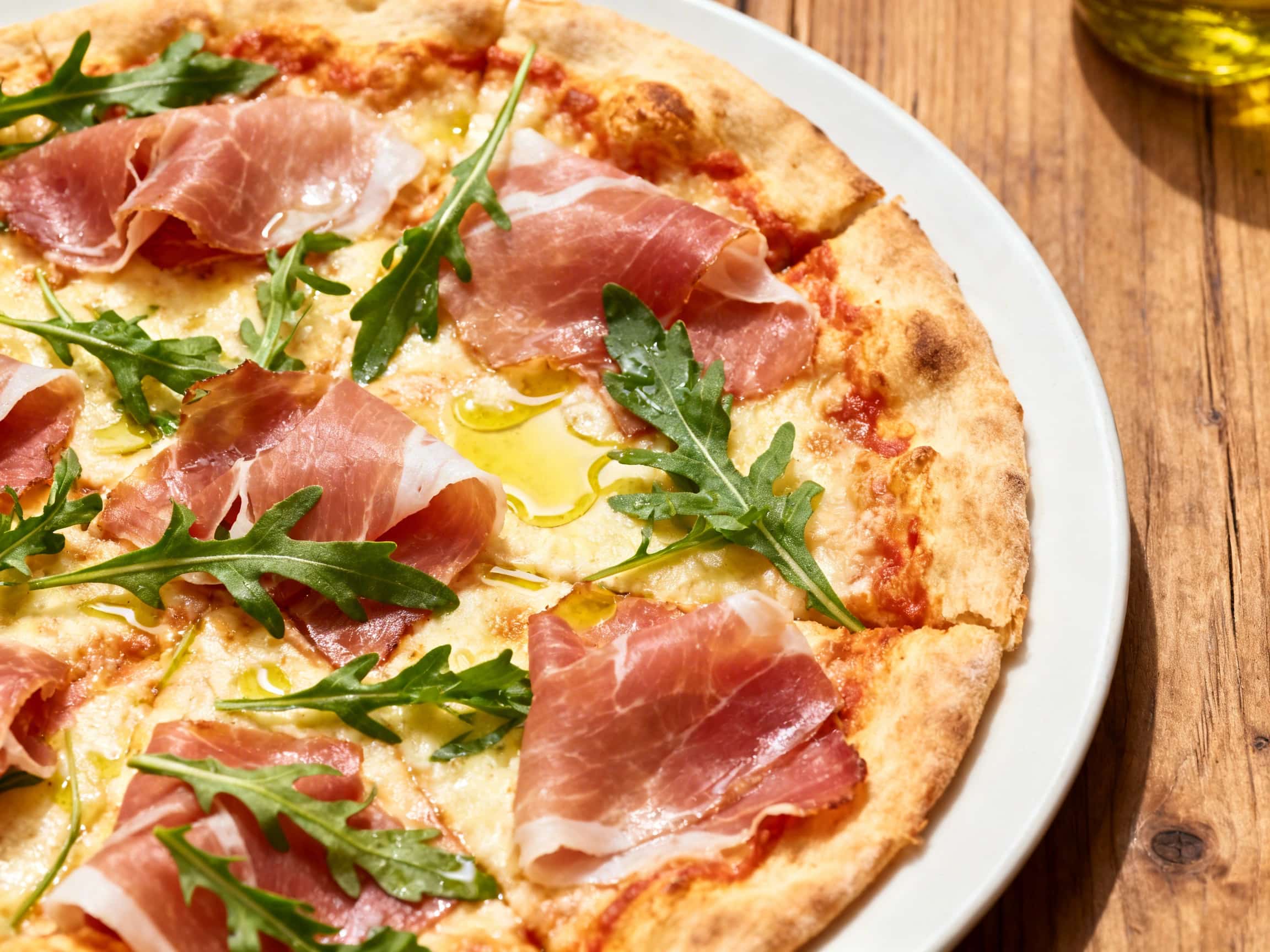 A stunning, vibrant Roman thin pizza, featuring a golden and ultra-crisp crust, is artfully arranged on a dark wooden board. It is richly adorned with delicate, pink slices of prosciutto, a wild scatter of bright green arugula leaves, halved ruby-red cherry tomatoes, and generous shavings of white Pecorino Romano cheese. The fresh ingredients contrast beautifully against the thin, airy pizza base,