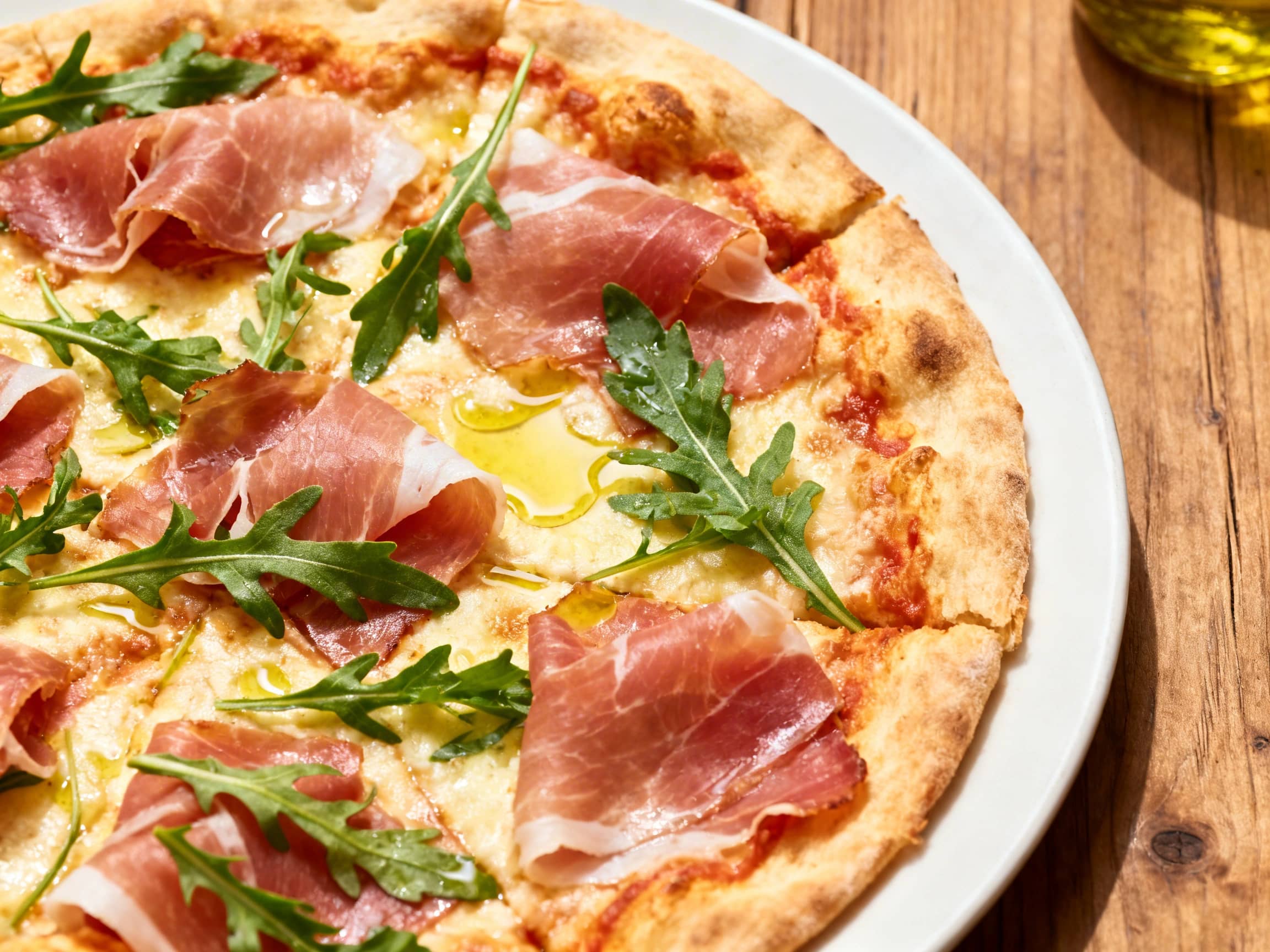 A stunning, vibrant Roman thin pizza, featuring a golden and ultra-crisp crust, is artfully arranged on a dark wooden board. It is richly adorned with delicate, pink slices of prosciutto, a wild scatter of bright green arugula leaves, halved ruby-red cherry tomatoes, and generous shavings of white Pecorino Romano cheese. The fresh ingredients contrast beautifully against the thin, airy pizza base,