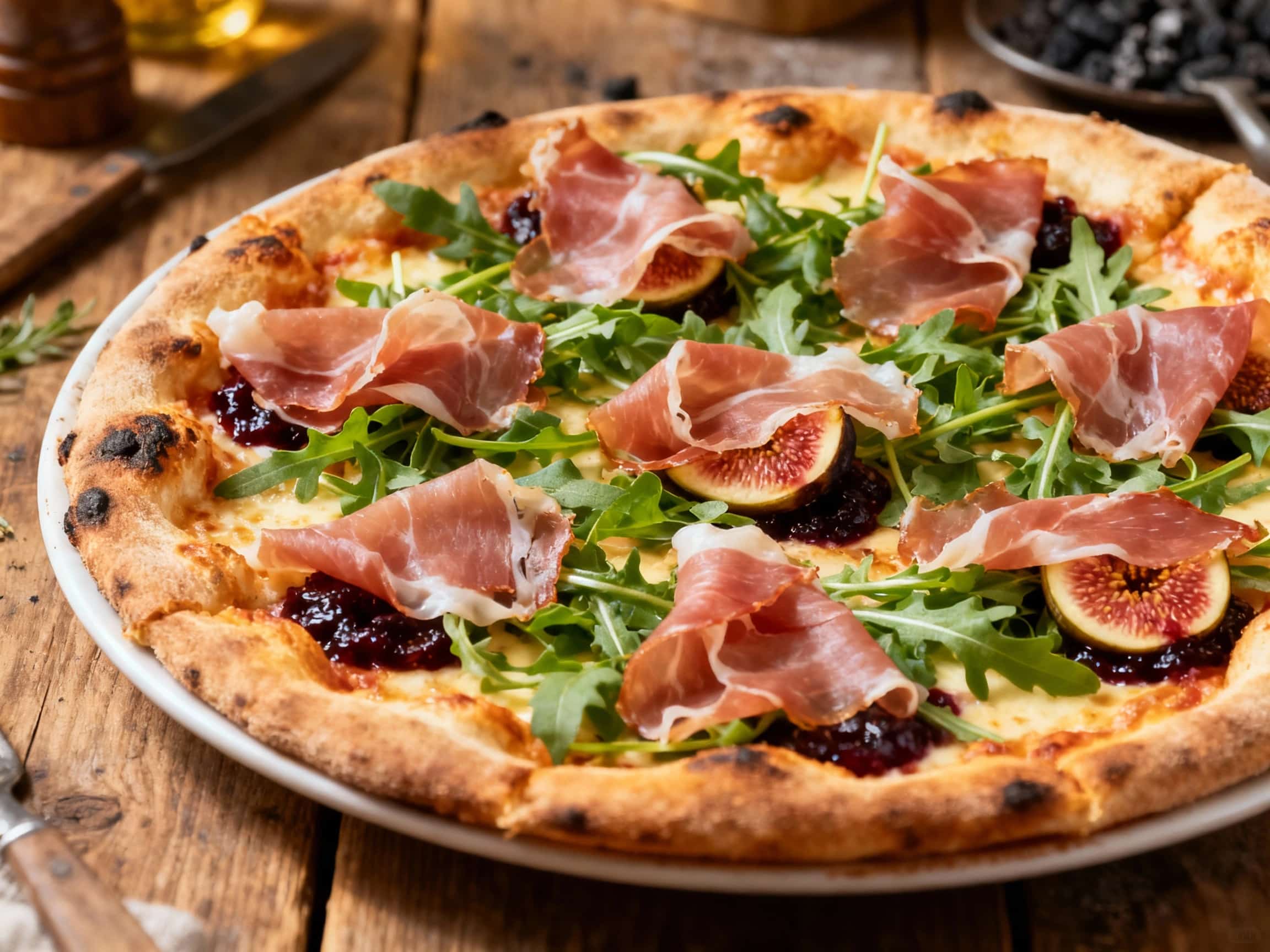 A rustic, coal-fired pizza with crispy crust topped generously with salty prosciutto, peppery arugula, sweet fig slices, and a drizzle of balsamic glaze, artfully arranged on a wooden board.