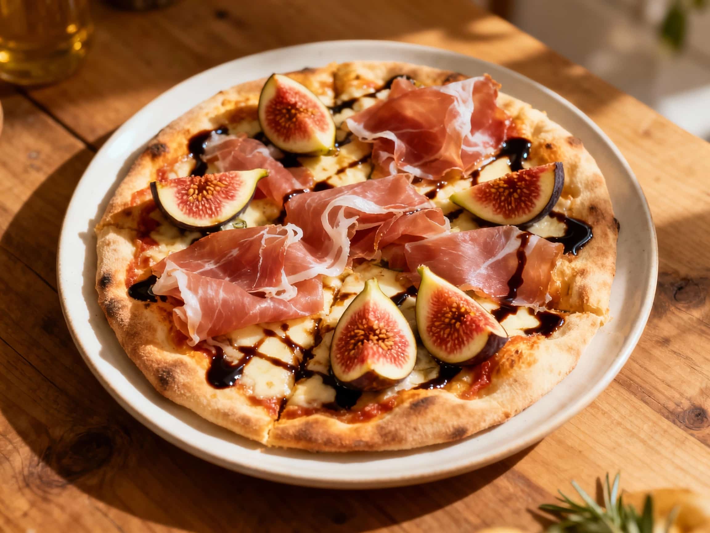 A rectangular pizza al taglio topped with salty prosciutto, sweet fig halves, and a drizzle of rich balsamic glaze sits on a rustic wooden board, ready for slicing.