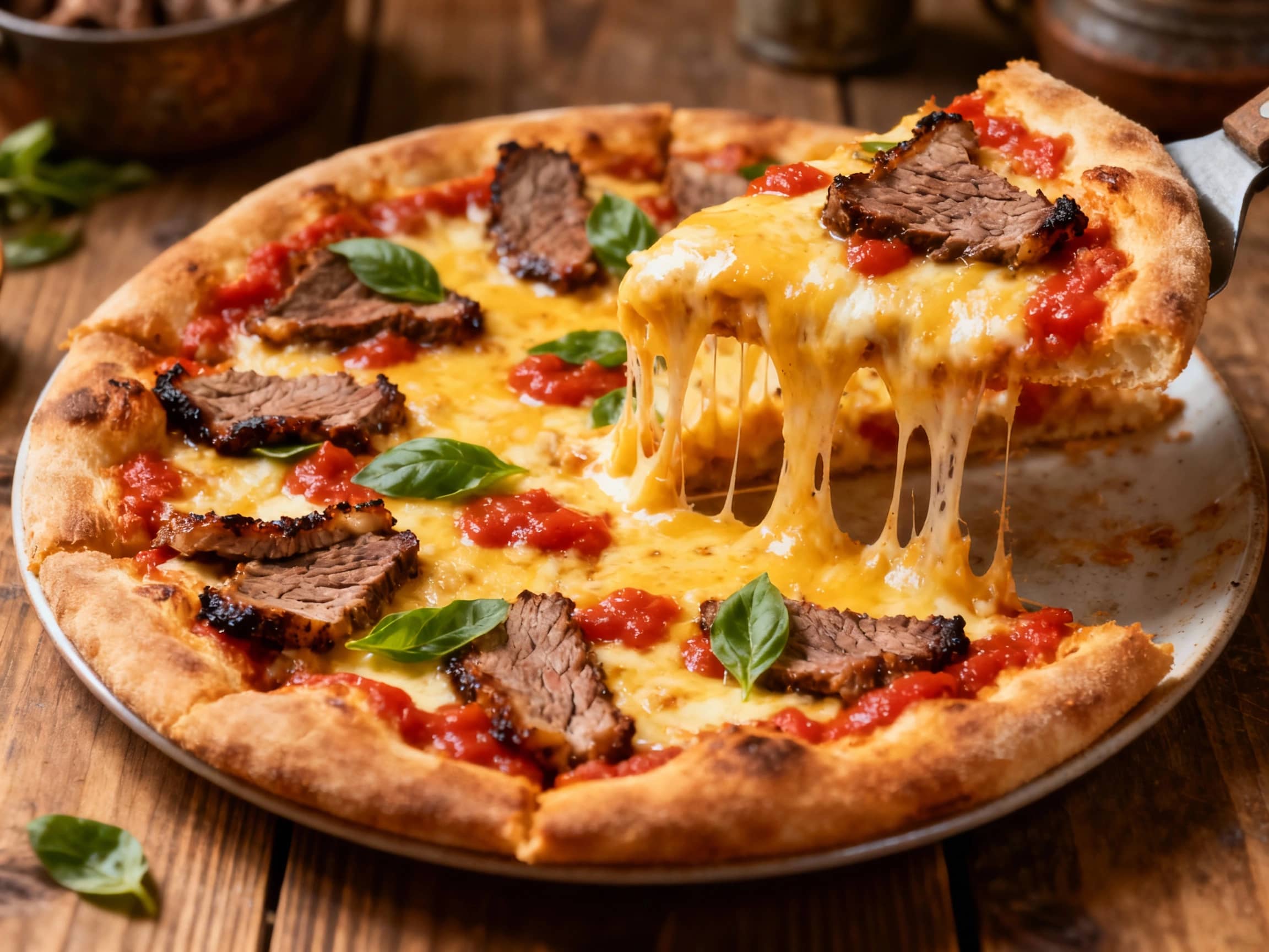 A rustic St. Louis-style pizza is generously topped with melted Provel cheese and thin slices of roast beef, creating a savory and slightly greasy delight perfect for a casual meal.