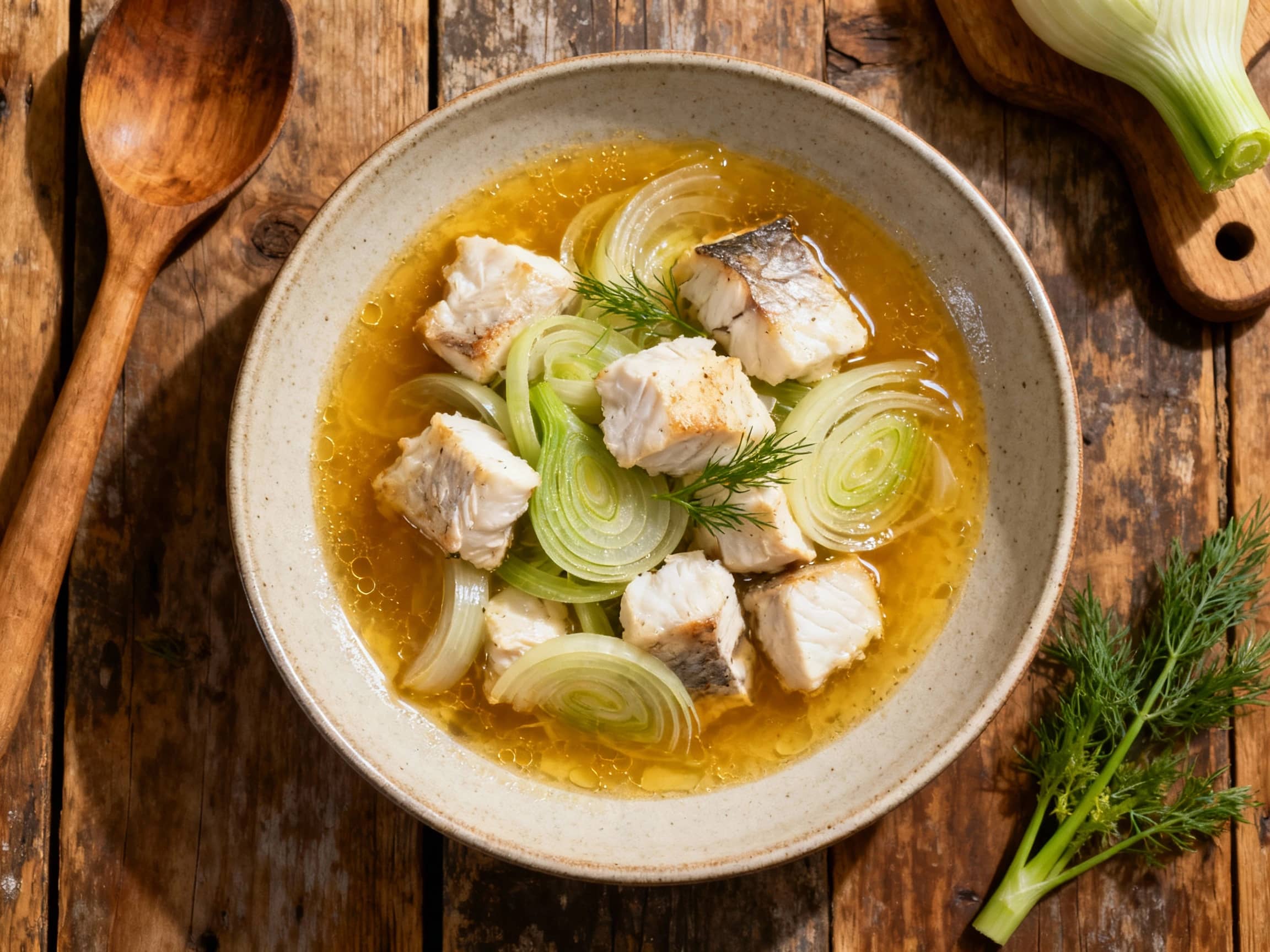 A steaming bowl of Provençal fennel and white fish stew is crowned with fresh parsley, showcasing tender flaky fish in a fragrant broth, ready for a comforting meal.