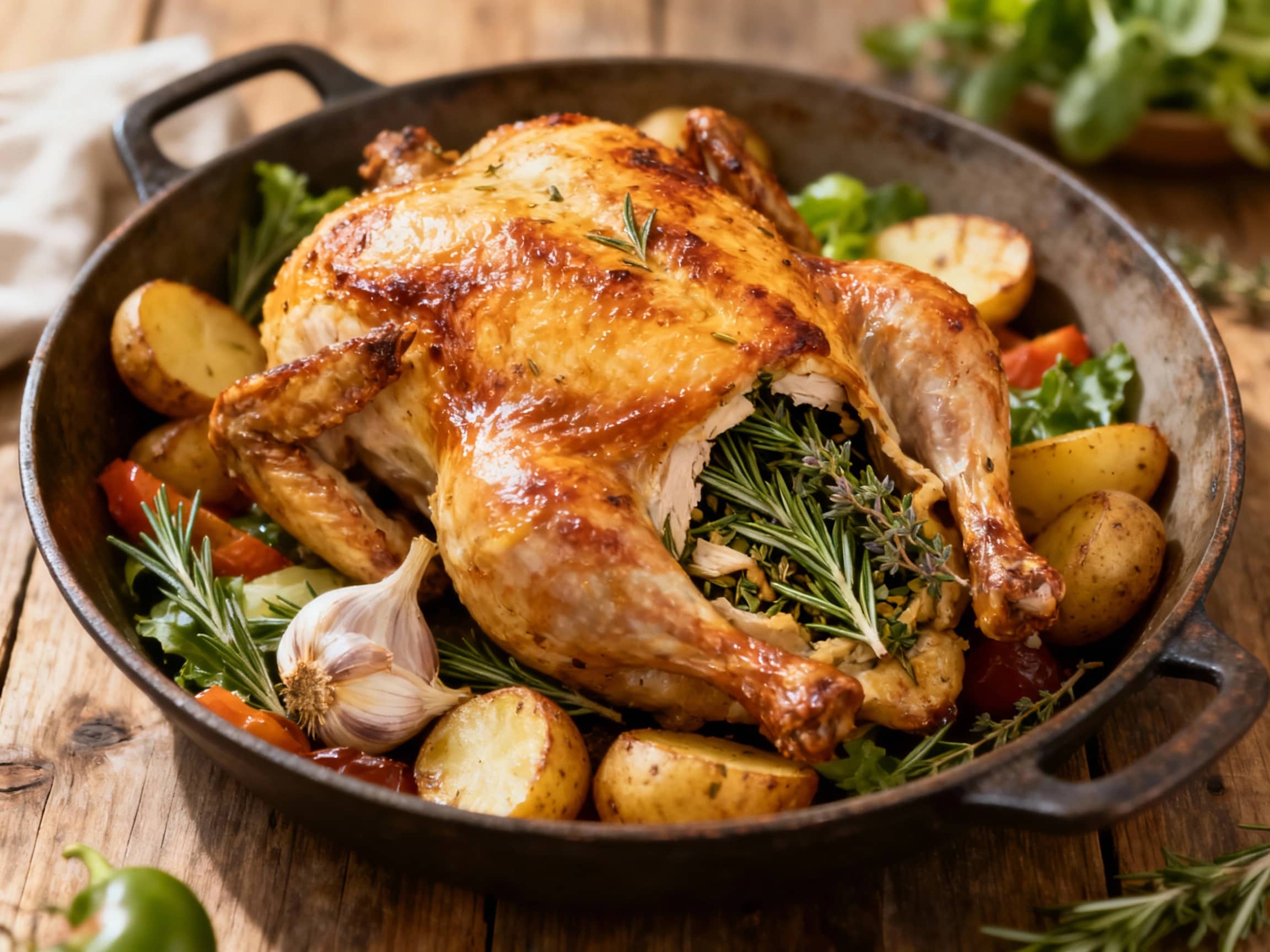 A glistening, golden-brown roasted chicken, generously stuffed with fragrant herbs, rests on a rustic platter, ready to be carved into delicious portions.
