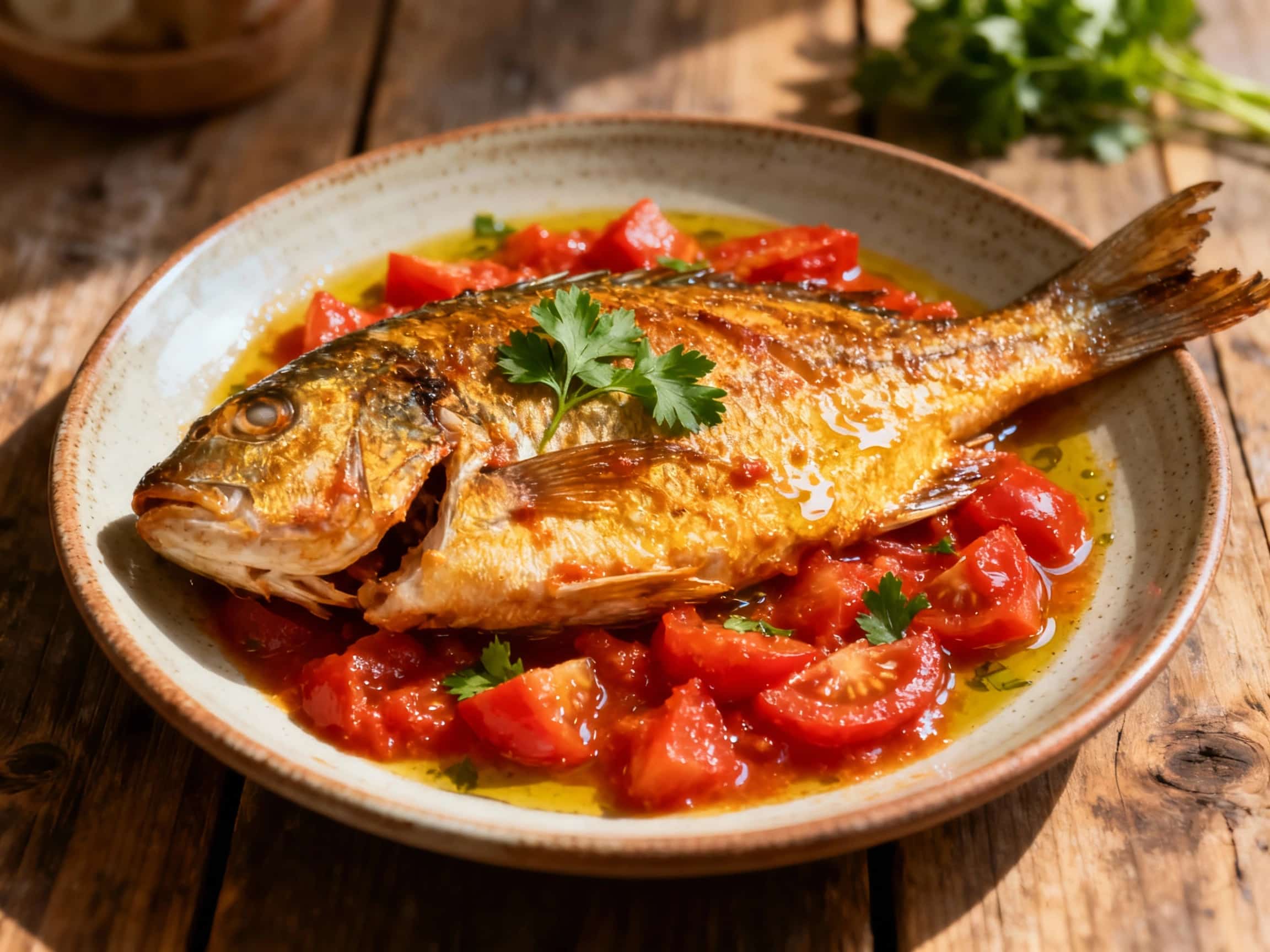 A whole baked sea bass, Psari Plaki, is bathed in a rich tomato sauce with olives and herbs, presented appealingly in a rustic ceramic dish, catching a warm glow.