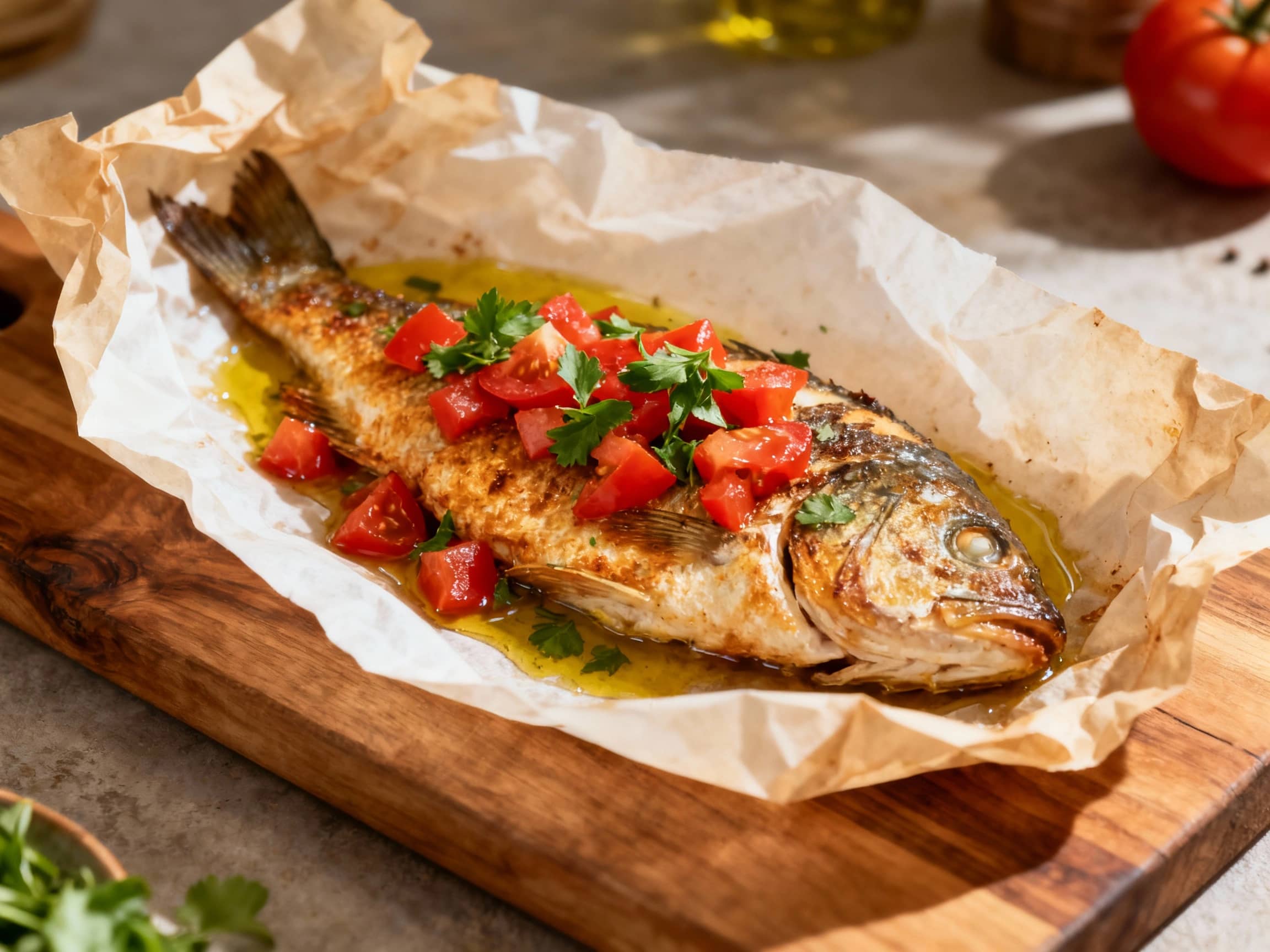 A delicious Psari Plaki baked in parchment paper, with tender white fish, vibrant tomatoes, and herbs peeking out from the opened package on a rustic wooden table.