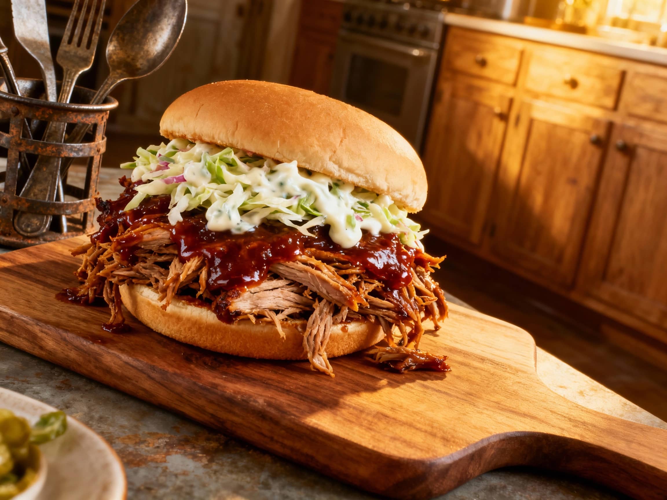 A towering pulled pork BBQ sandwich taking center stage on a rustic wooden board. The golden-brown brioche bun is bursting with dark, shredded pork drenched in barbecue sauce, and a thick layer of creamy coleslaw in vibrant greens and purples. Bright green dill pickle slices are fanned out beside it, with a small dish of BBQ sauce in the background, suggesting a complete and satisfying meal ready