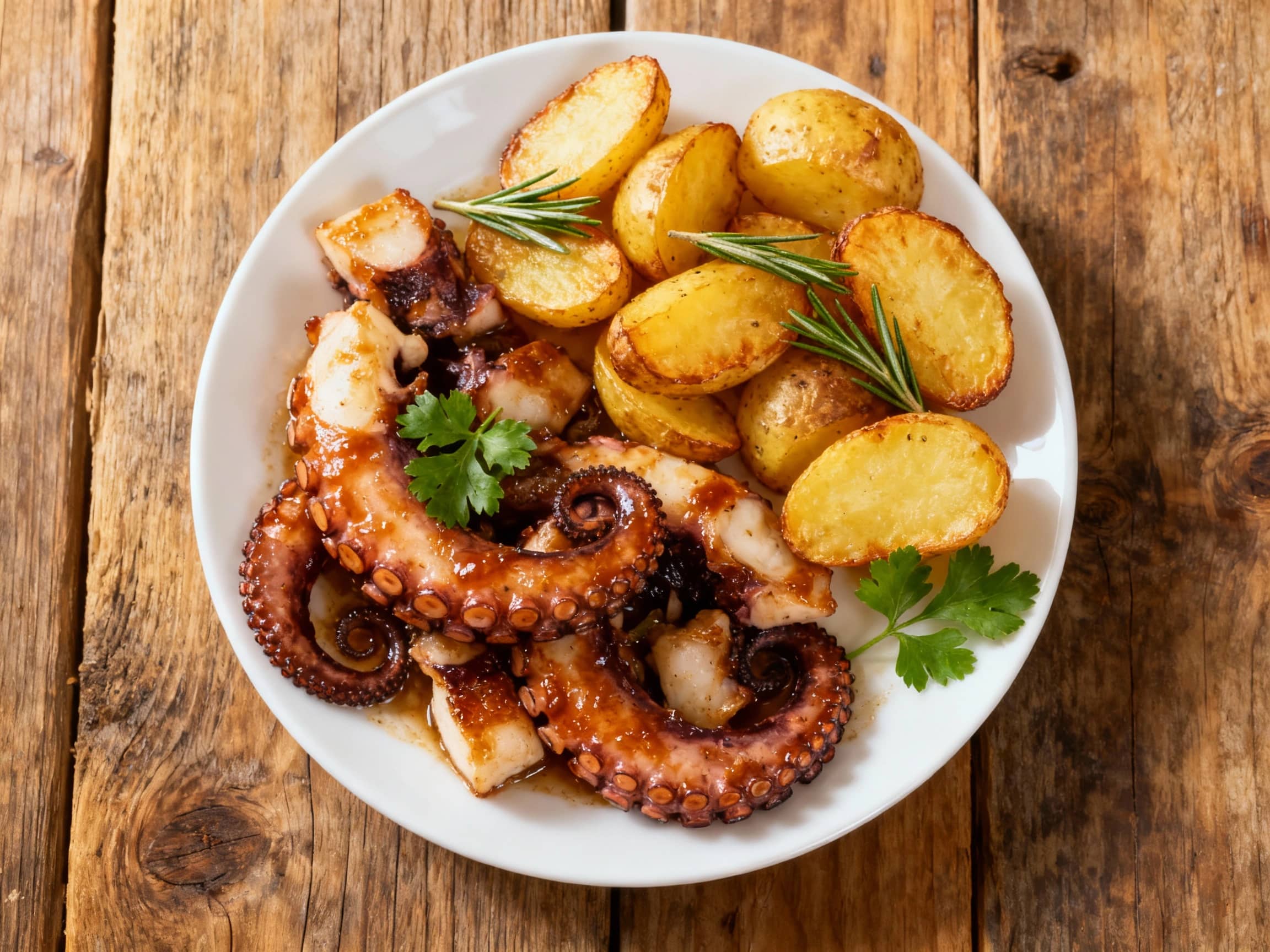 Tender, thinly sliced octopus is artfully arranged with golden rosemary-infused roasted potatoes on a rustic wooden board, ready for a celebratory Spanish feast.