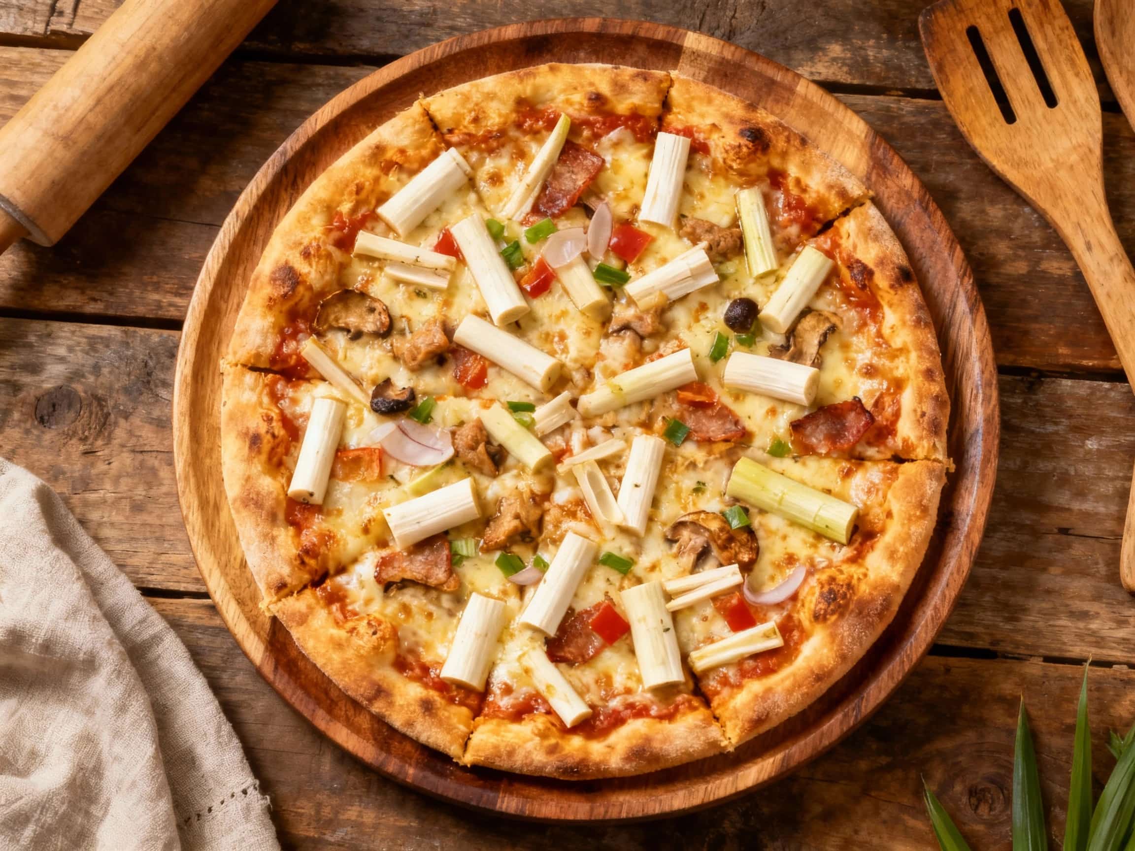 A rustic, round pizza topped with creamy white cheese and tender, golden-brown heart of palm slices sits invitingly on a wooden board, ready to be enjoyed.