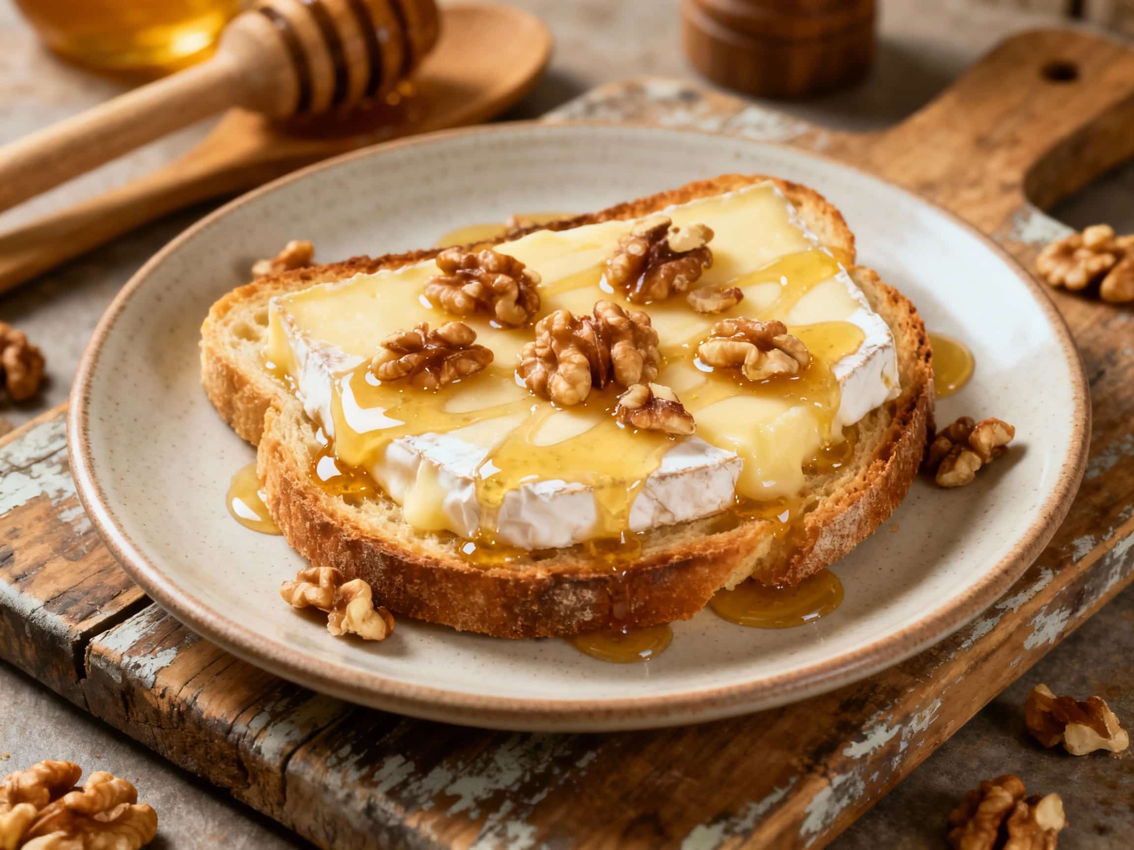 Thick slices of toasted bread are generously topped with melted Queijo da Serra cheese, drizzled with golden honey, and sprinkled with crunchy walnuts, creating a warm and inviting appetizer.