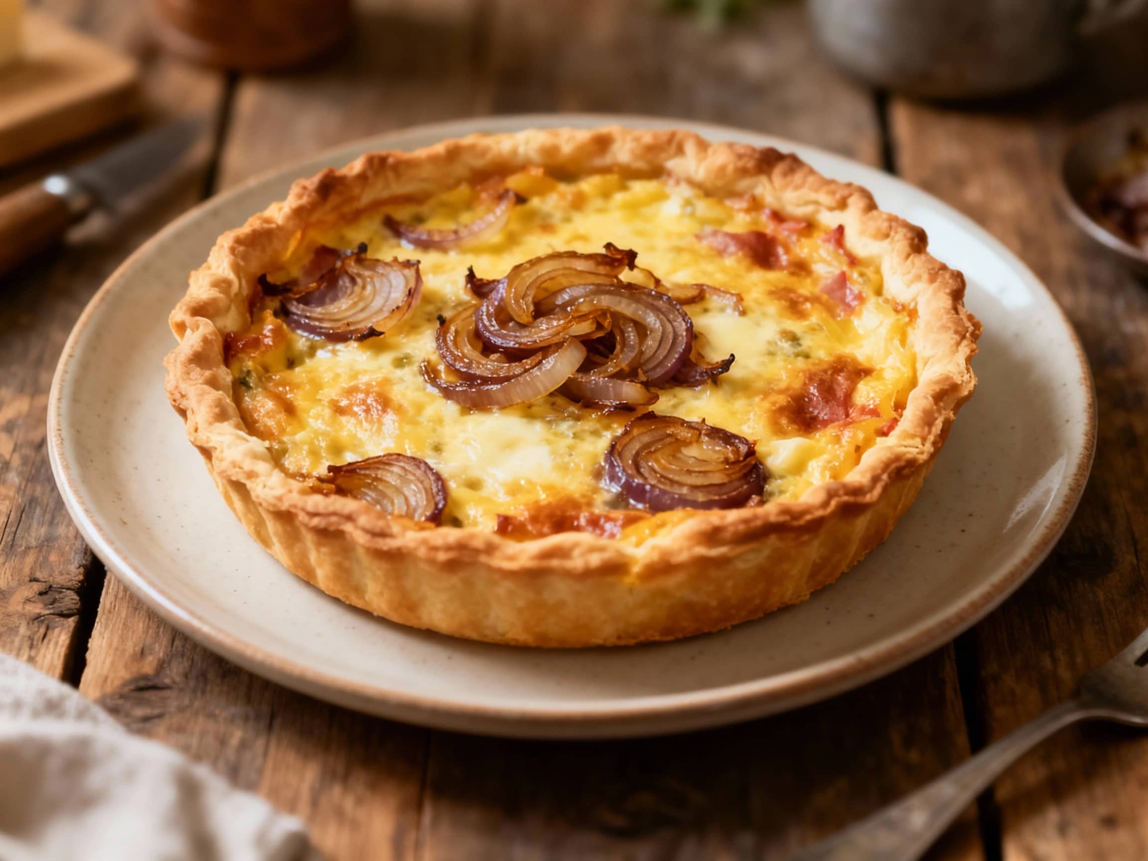 A golden-brown quiche filled with creamy custard, smoky bacon, and sweet caramelized onions sits in a rustic pie dish, ready for serving.