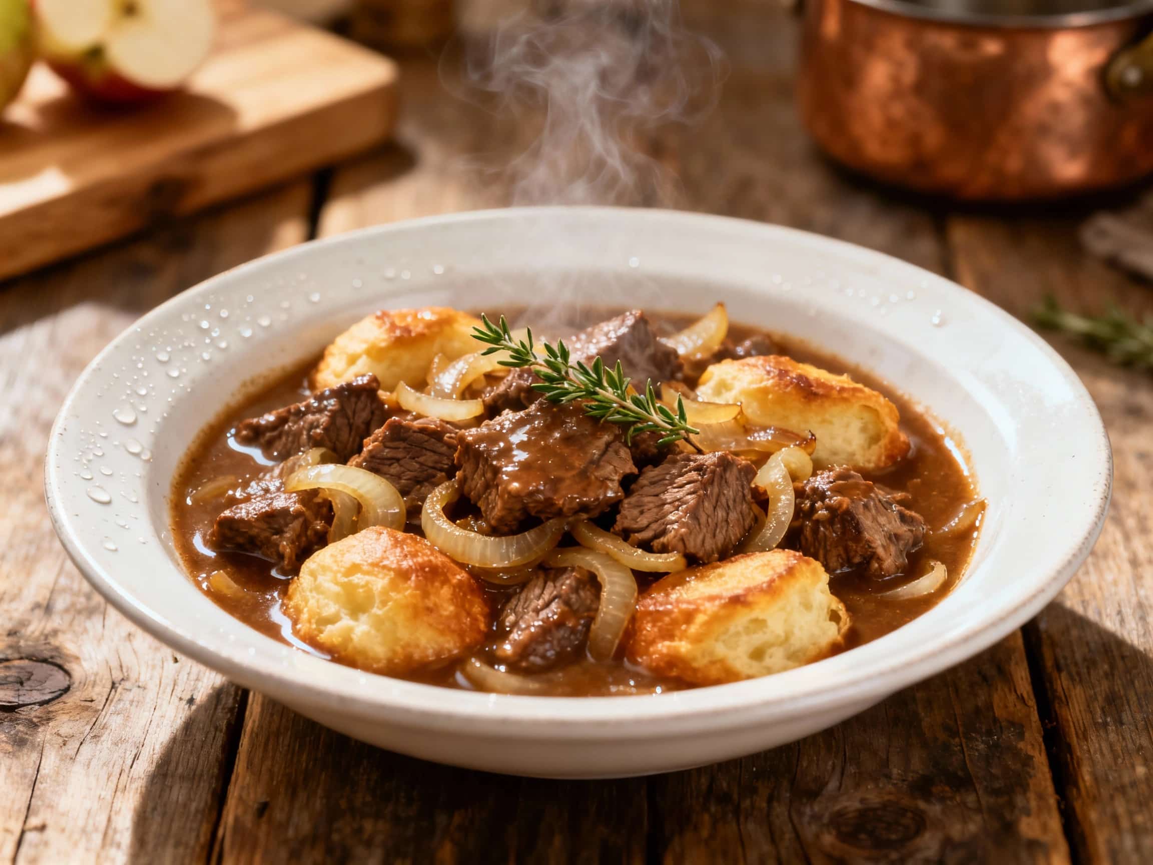 Rich, dark beef carbonnade simmers in a flavorful cider sauce, beautifully plated with a sprinkle of fresh parsley for a comforting and aromatic stew.
