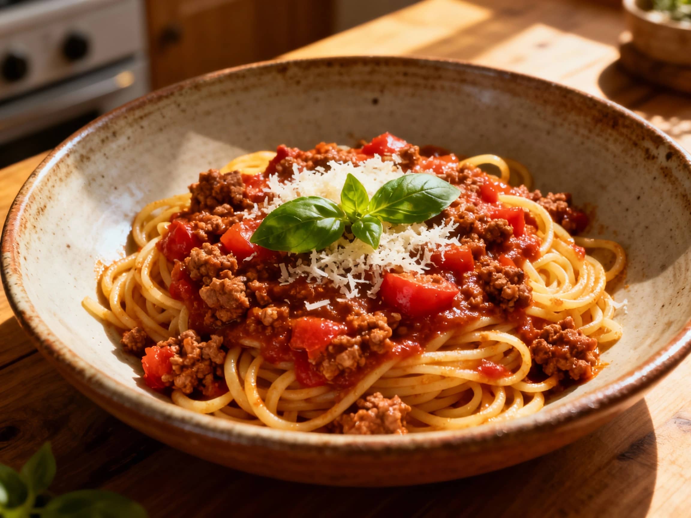 A rich, ruby-red Bolognese ragu simmers in a white ceramic pot, topped with fresh green basil leaves, ready to be served over pasta for a comforting weeknight meal.
