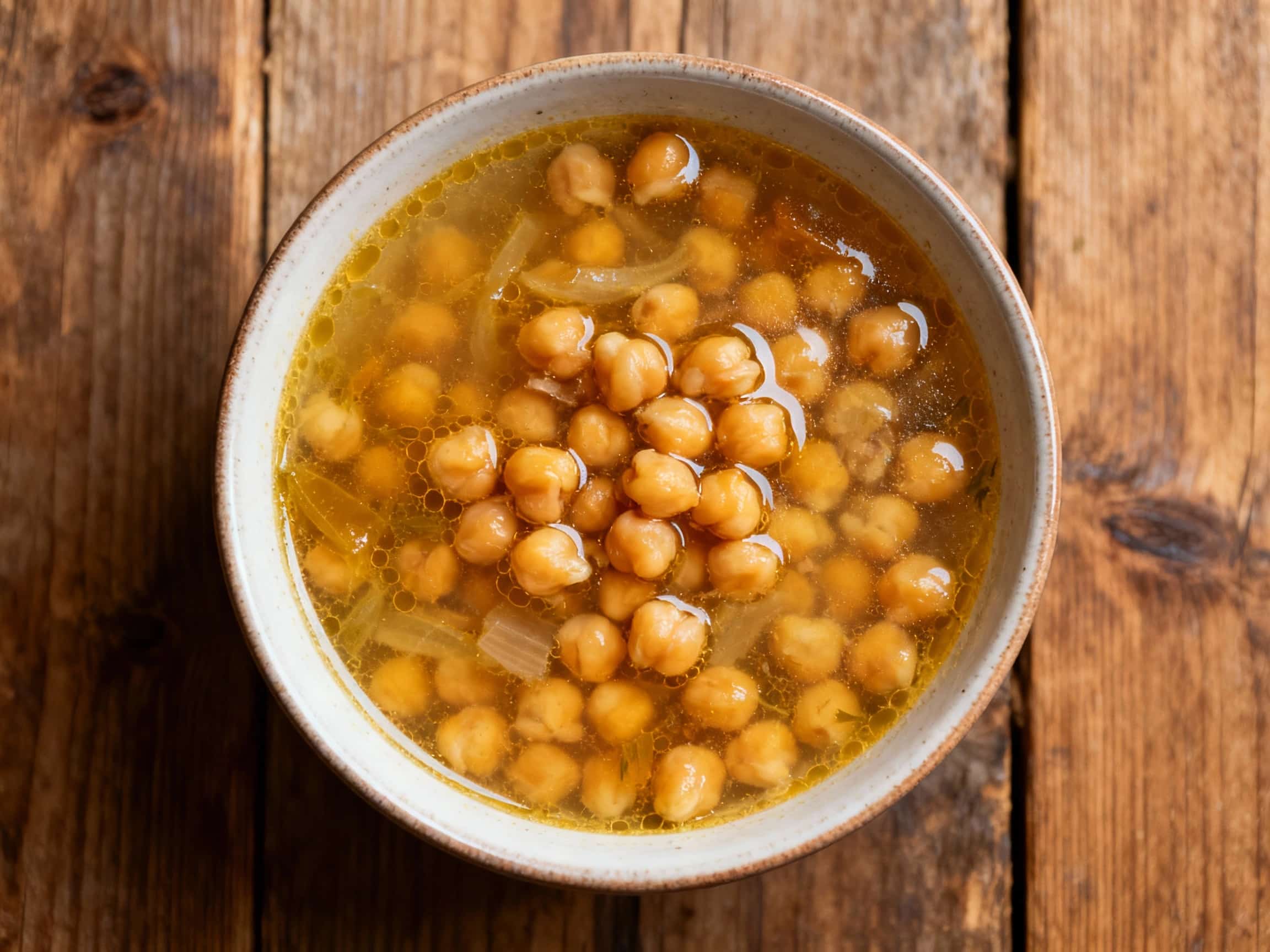 A rustic white bowl overflows with hearty Maltese widow's soup, featuring tender chickpeas and wilted greens in a light broth, perfect for a comforting meal.