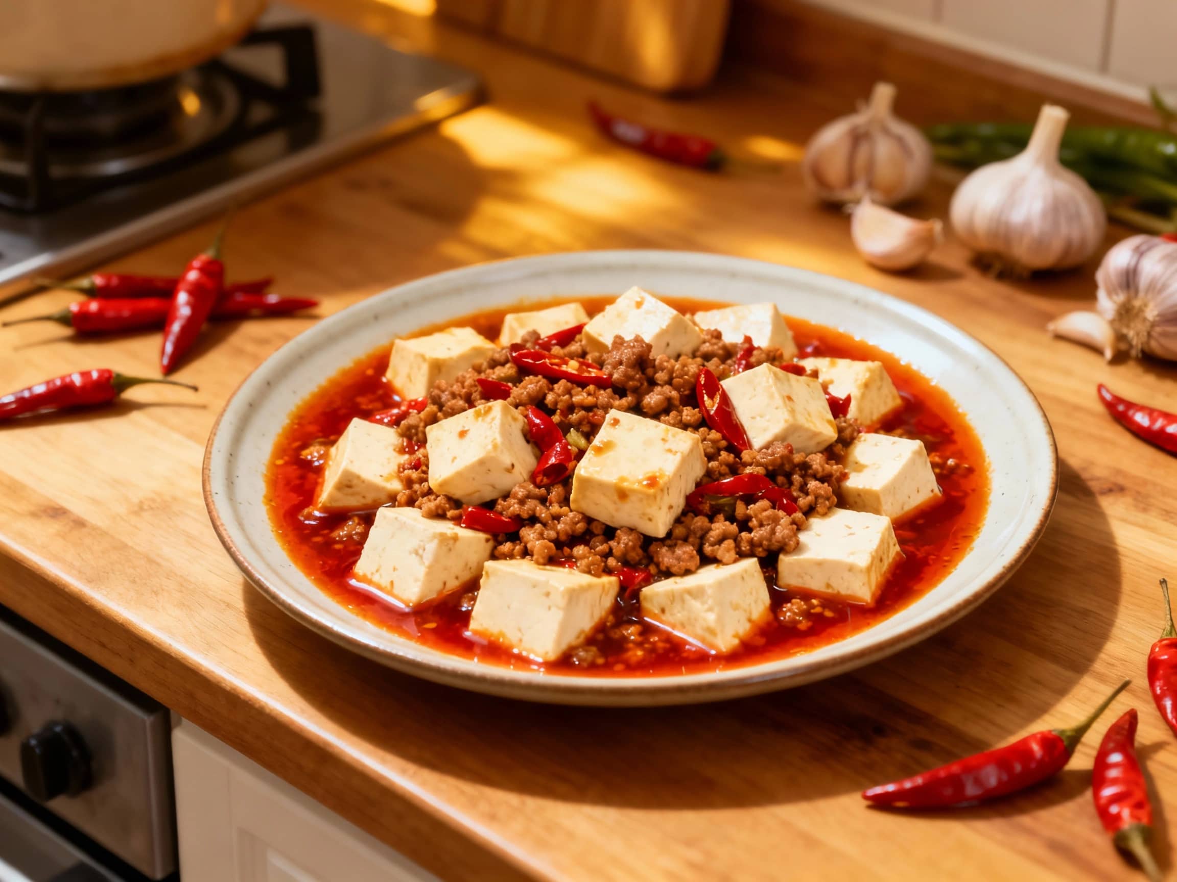 A steaming portion of Mapo Tofu is generously garnished with fresh green scallions and a sprinkle of chili flakes, offering a vibrant and appetizing glimpse of the flavorful stir-fry.