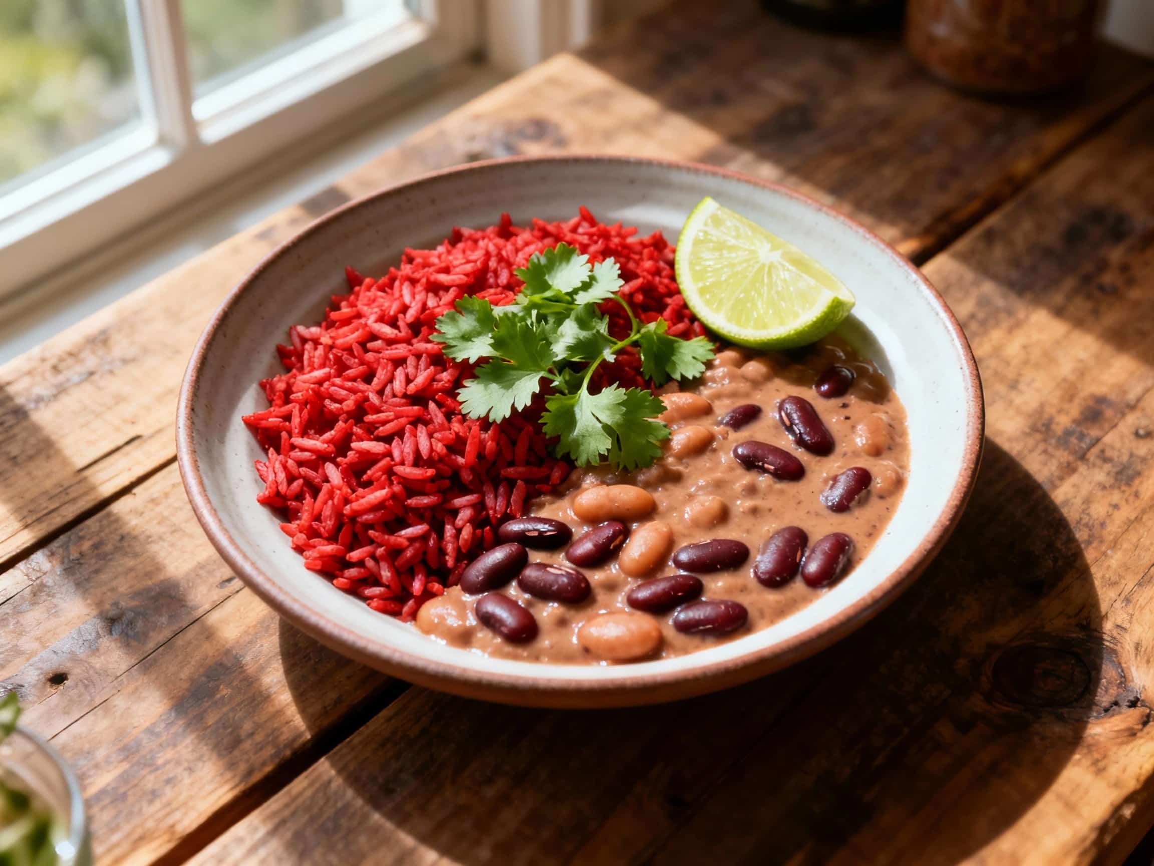 A vibrant bowl of Mexican red rice and beans is topped with fresh cilantro, a dollop of sour cream, and a wedge of lime, creating a colorful and inviting presentation.