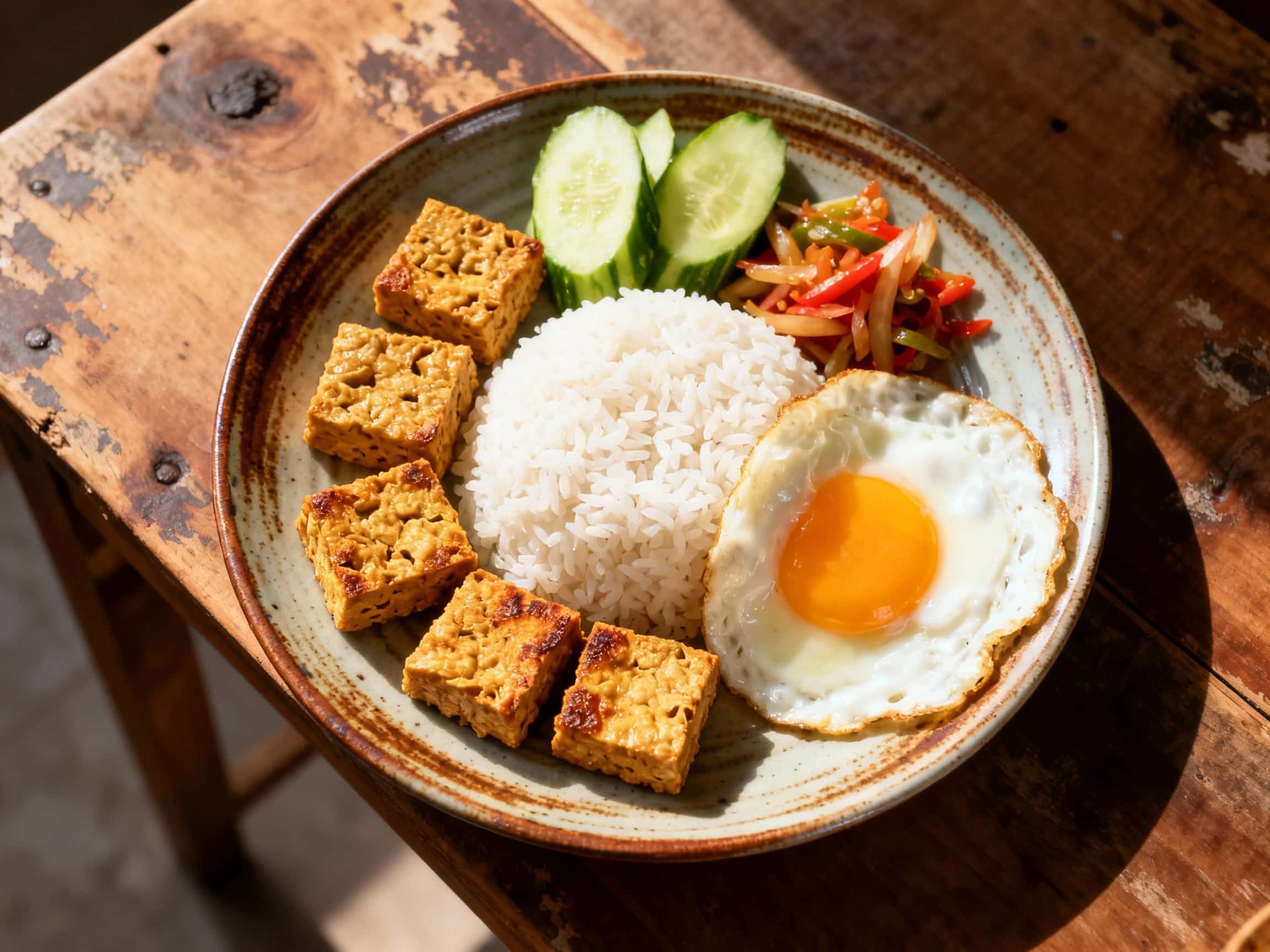 A visually appealing plate of Quick Nasi Campur with Tempeh and Egg, showcasing a balanced arrangement of fluffy rice, savory tempeh, a fried egg, and crisp vegetables, all presented in a way that highlights the textures and colors of Indonesian comfort food. A lime wedge adds a fresh contrast.