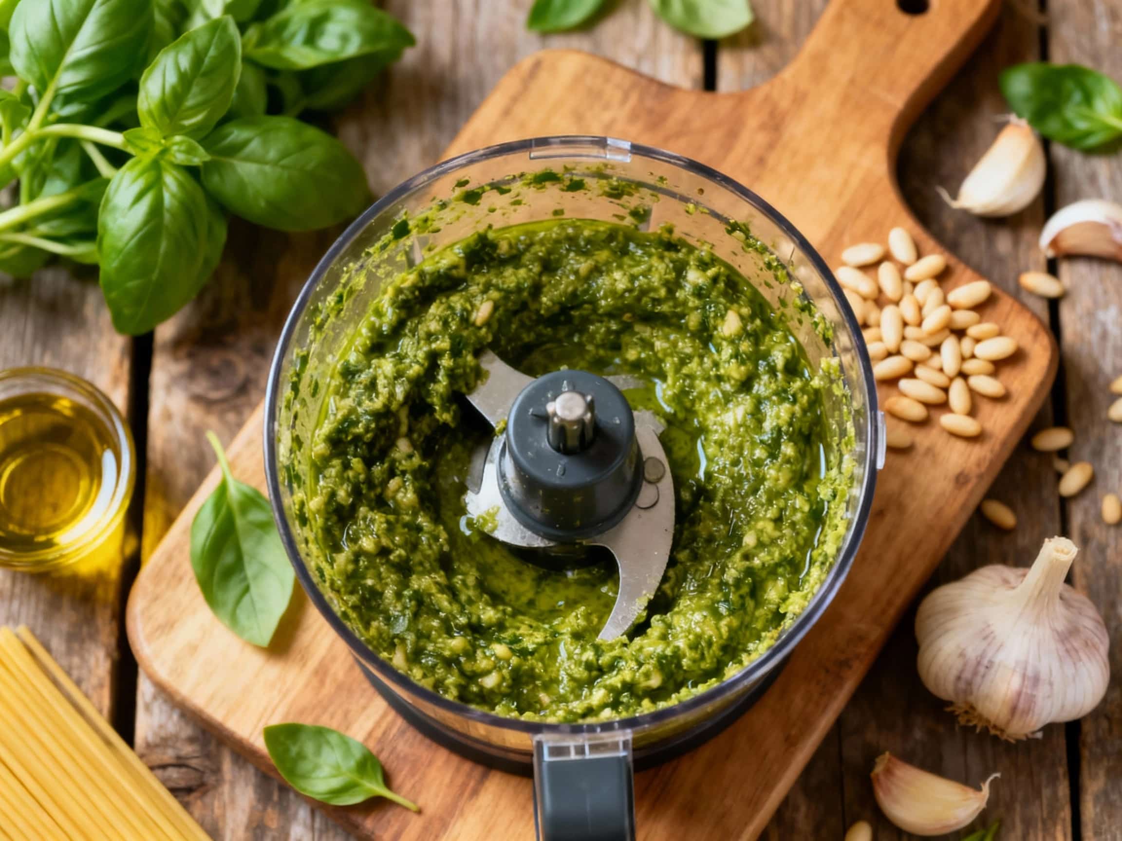 A vibrant green pesto sauce coats perfectly cooked spaghetti in a white bowl, garnished with fresh basil leaves and a sprinkle of Parmesan cheese.