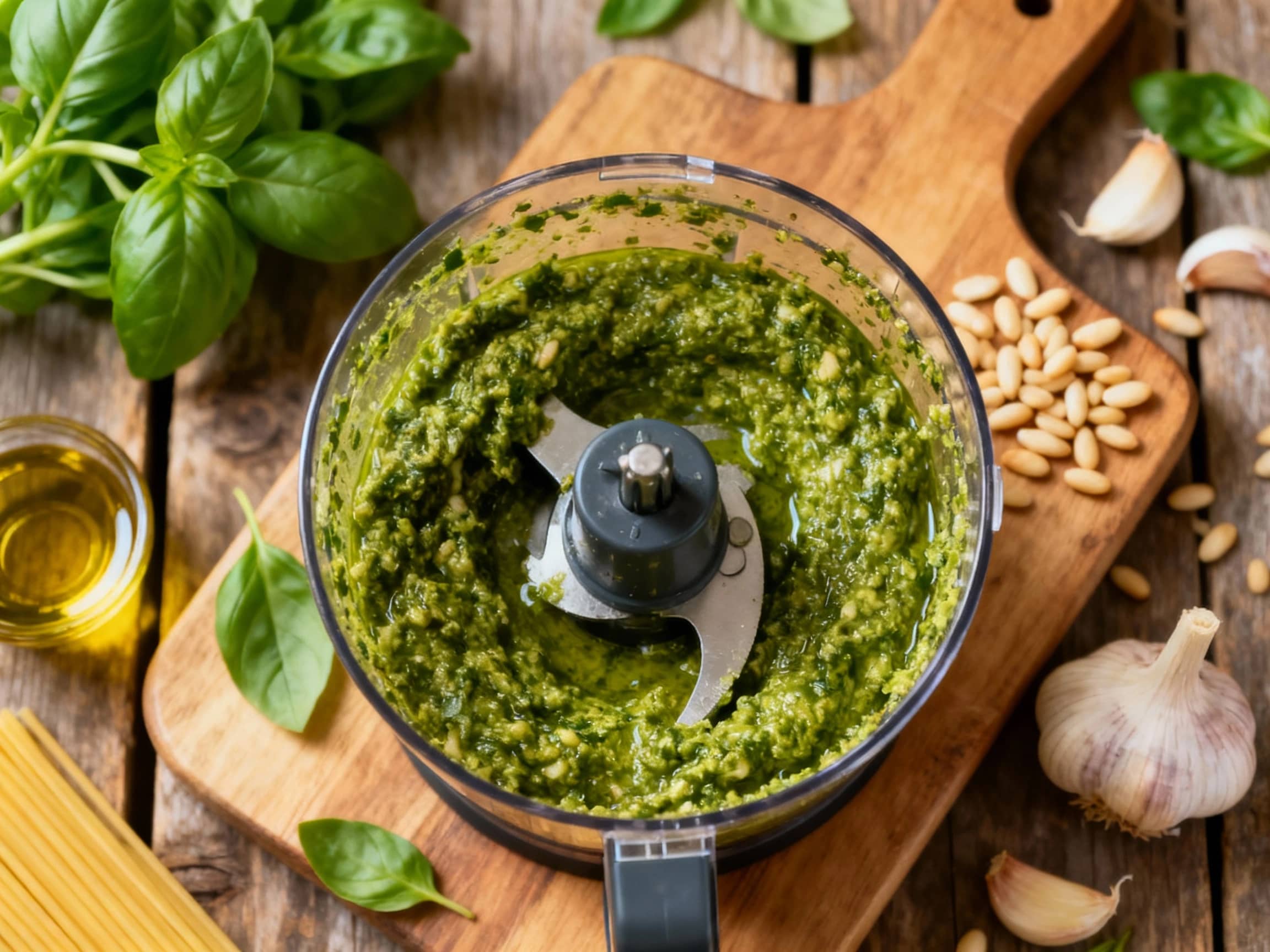 A vibrant green pesto sauce coats perfectly cooked spaghetti in a white bowl, garnished with fresh basil leaves and a sprinkle of Parmesan cheese.