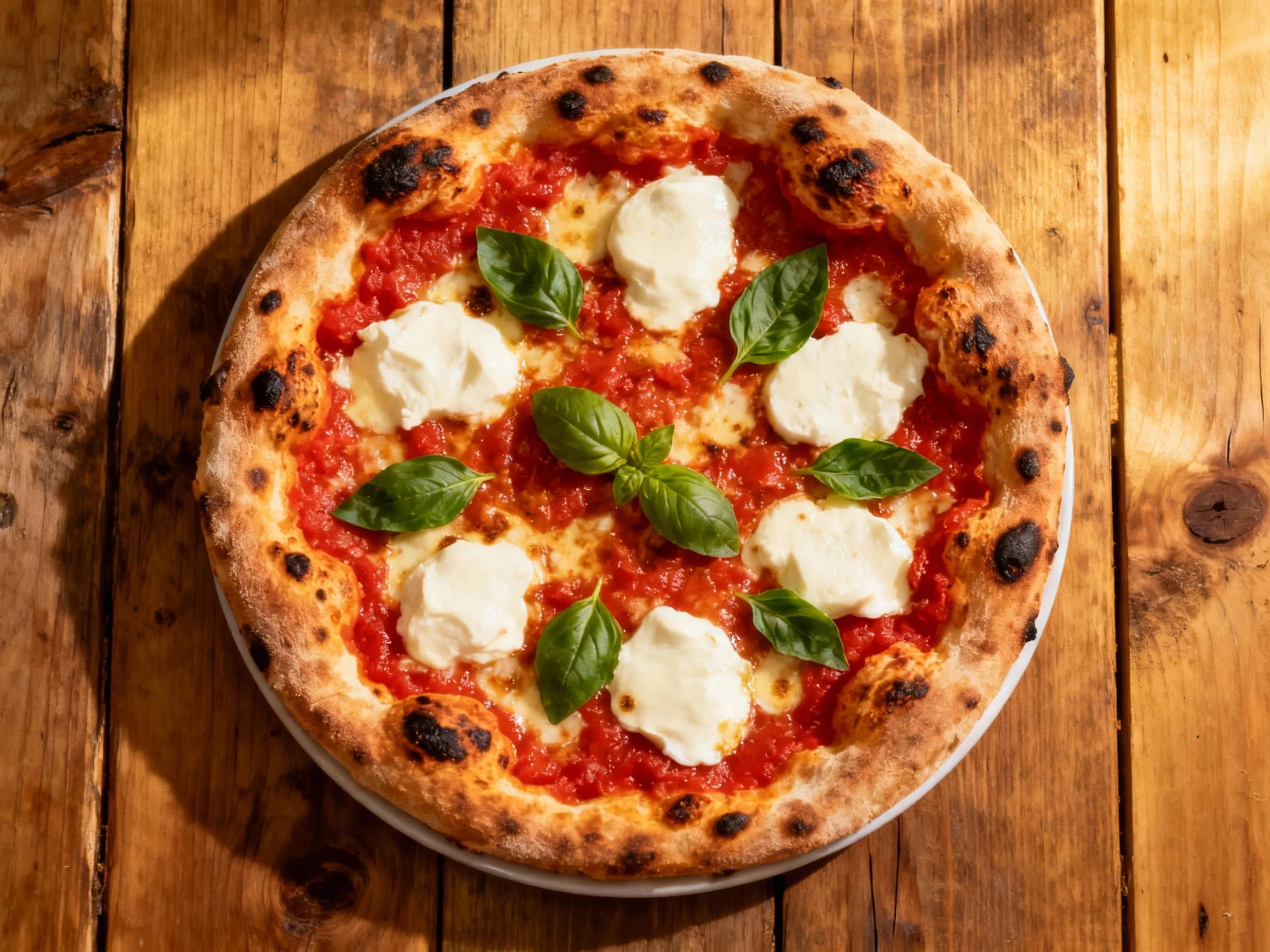 A delicious grilled pizza with a blistered crust, vibrant tomato sauce, and melted mozzarella cheese sits on a rustic wooden board, ready to be enjoyed.