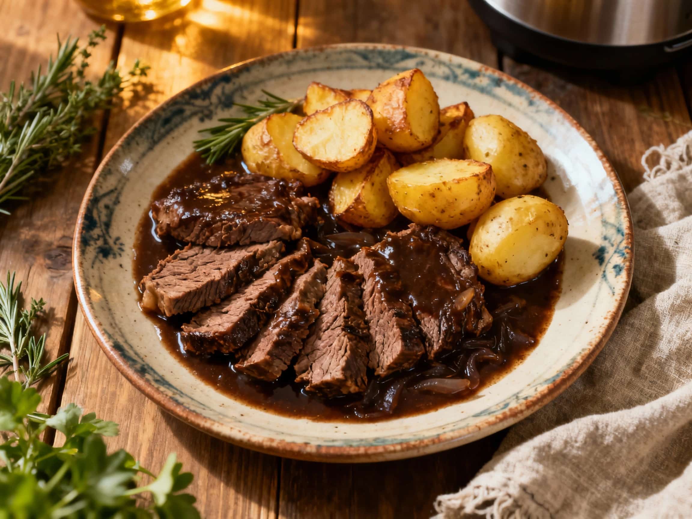 A rich, dark brown sauerbraten sits in a deep bowl, glistening under warm light, with a sprig of fresh parsley providing a vibrant green contrast to the tender pot roast.